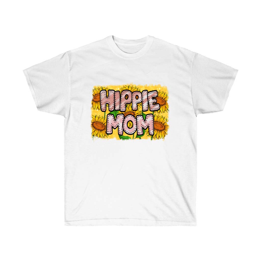 Sunflower Hippie Mom T-Shirt featuring a vibrant sunflower design on a soft cotton fabric, perfect for casual wear.