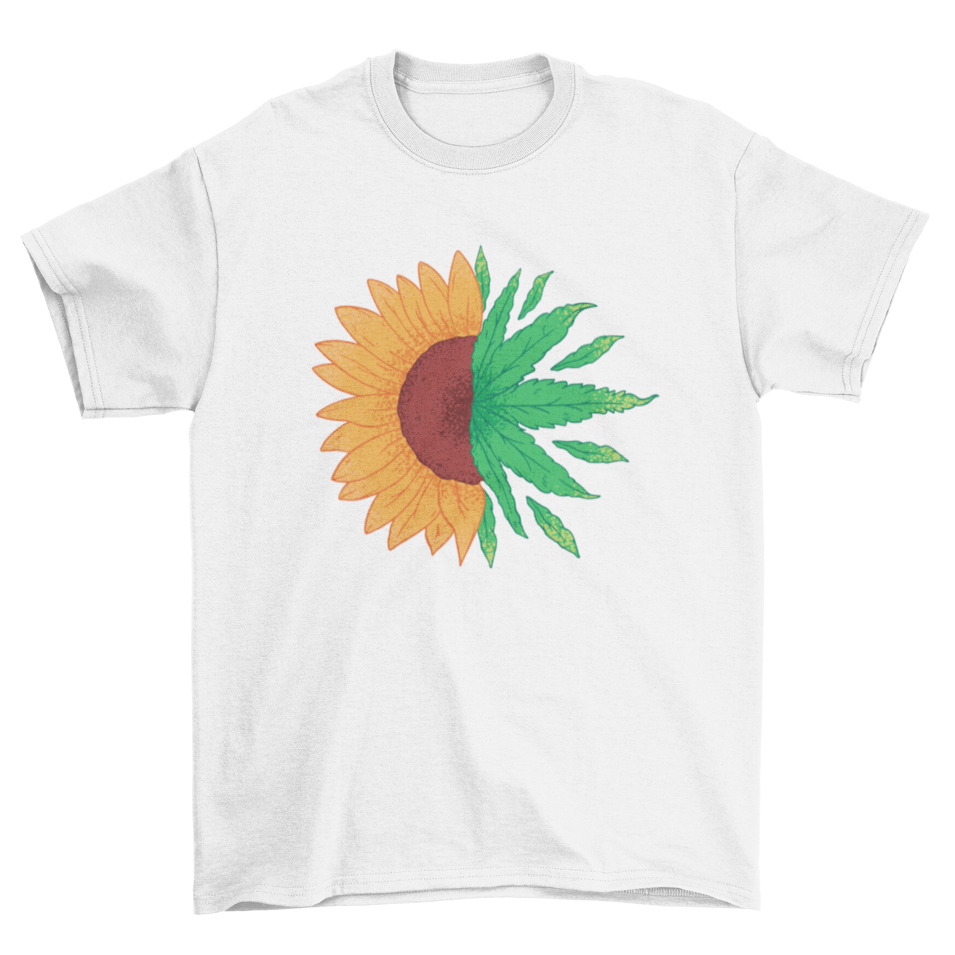 A stylish t-shirt featuring a unique design of half a sunflower and half a cannabis leaf, perfect for cannabis enthusiasts.