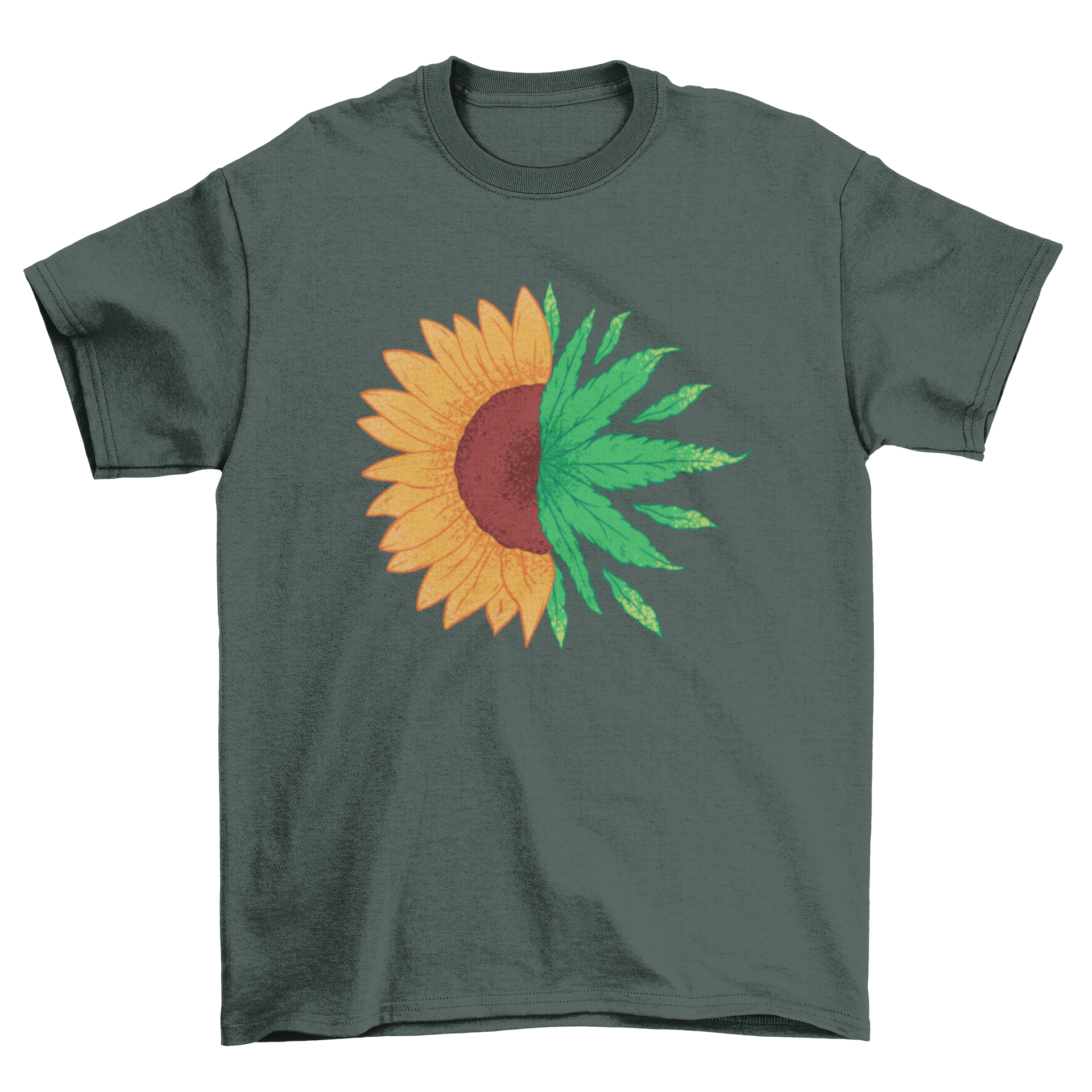 A stylish t-shirt featuring a unique design of half a sunflower and half a cannabis leaf, perfect for cannabis enthusiasts.