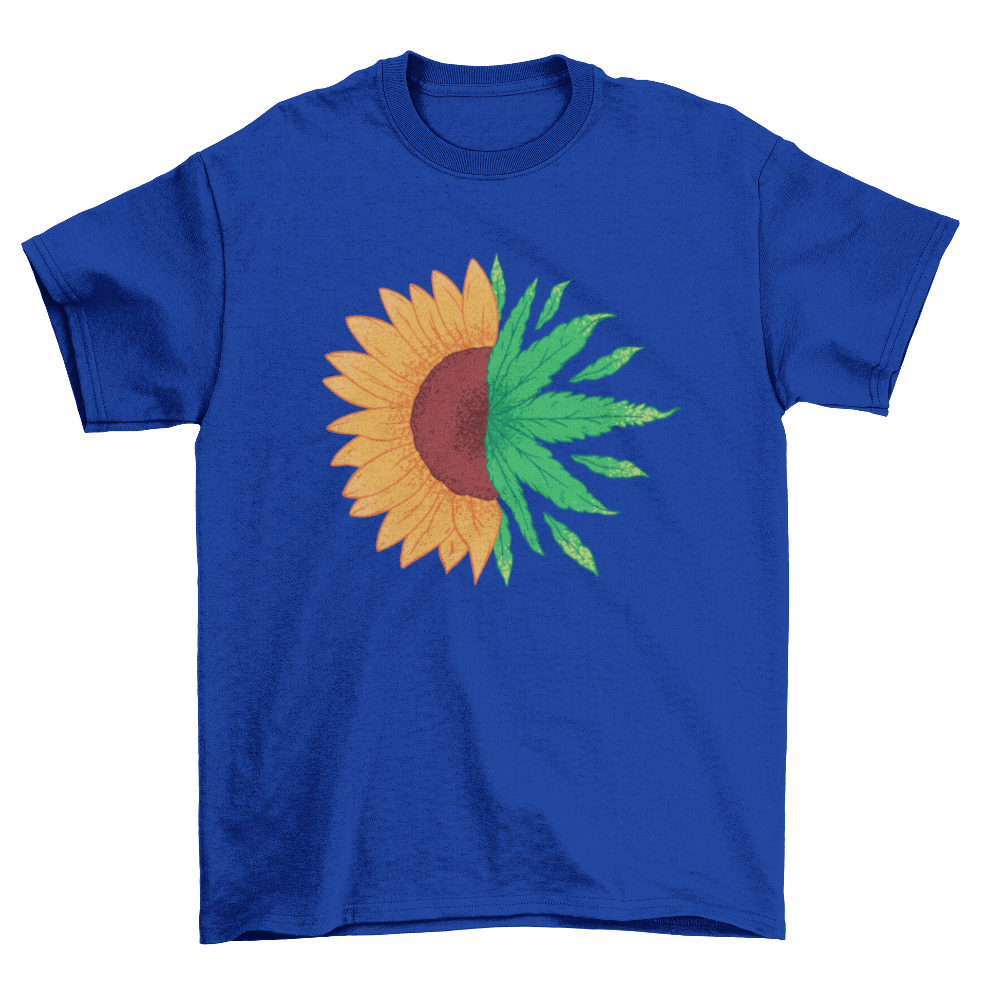 A stylish t-shirt featuring a unique design of half a sunflower and half a cannabis leaf, perfect for cannabis enthusiasts.