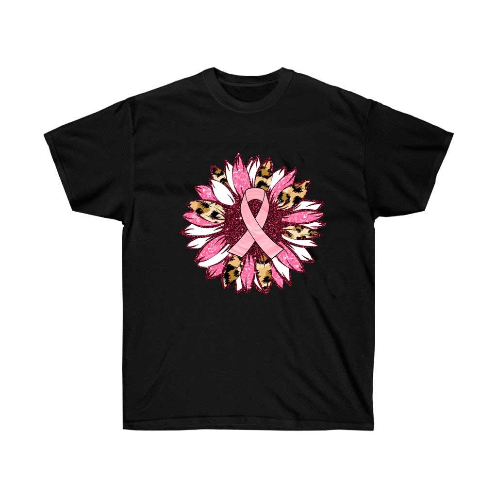Sunflower with Pink Ribbon Breast Cancer Awareness T-Shirt, showcasing a vibrant sunflower design and pink ribbon symbol.