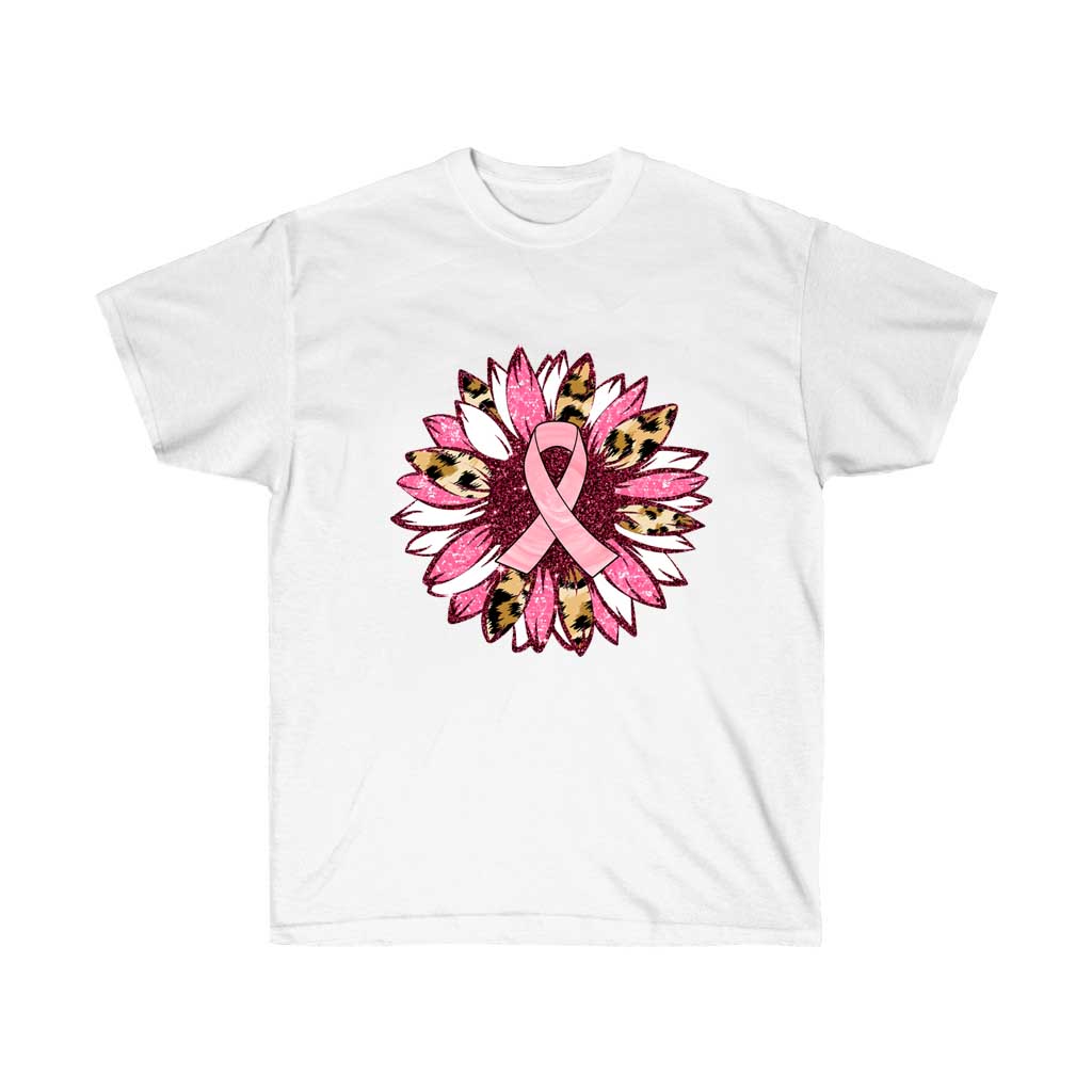 Sunflower with Pink Ribbon Breast Cancer Awareness T-Shirt, showcasing a vibrant sunflower design and pink ribbon symbol.