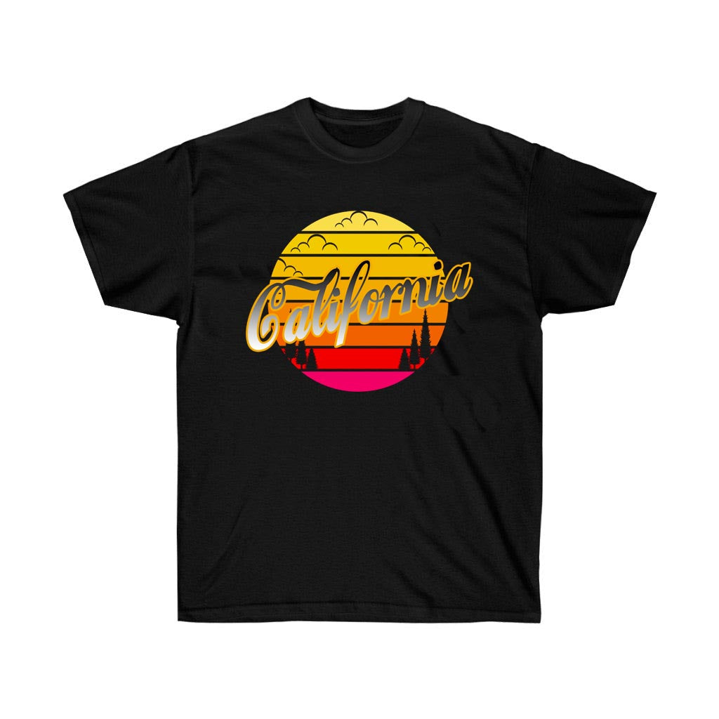 A vibrant Sunset of California States Souvenir T-Shirt featuring a colorful sunset design, made from 100% soft cotton.