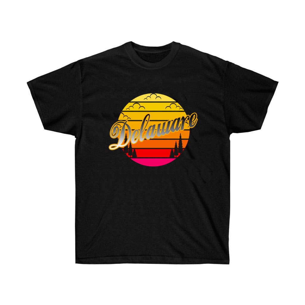 A vibrant Sunset of Delaware States Souvenir T-Shirt featuring a colorful sunset graphic, made from 100% soft cotton in a retail fit.