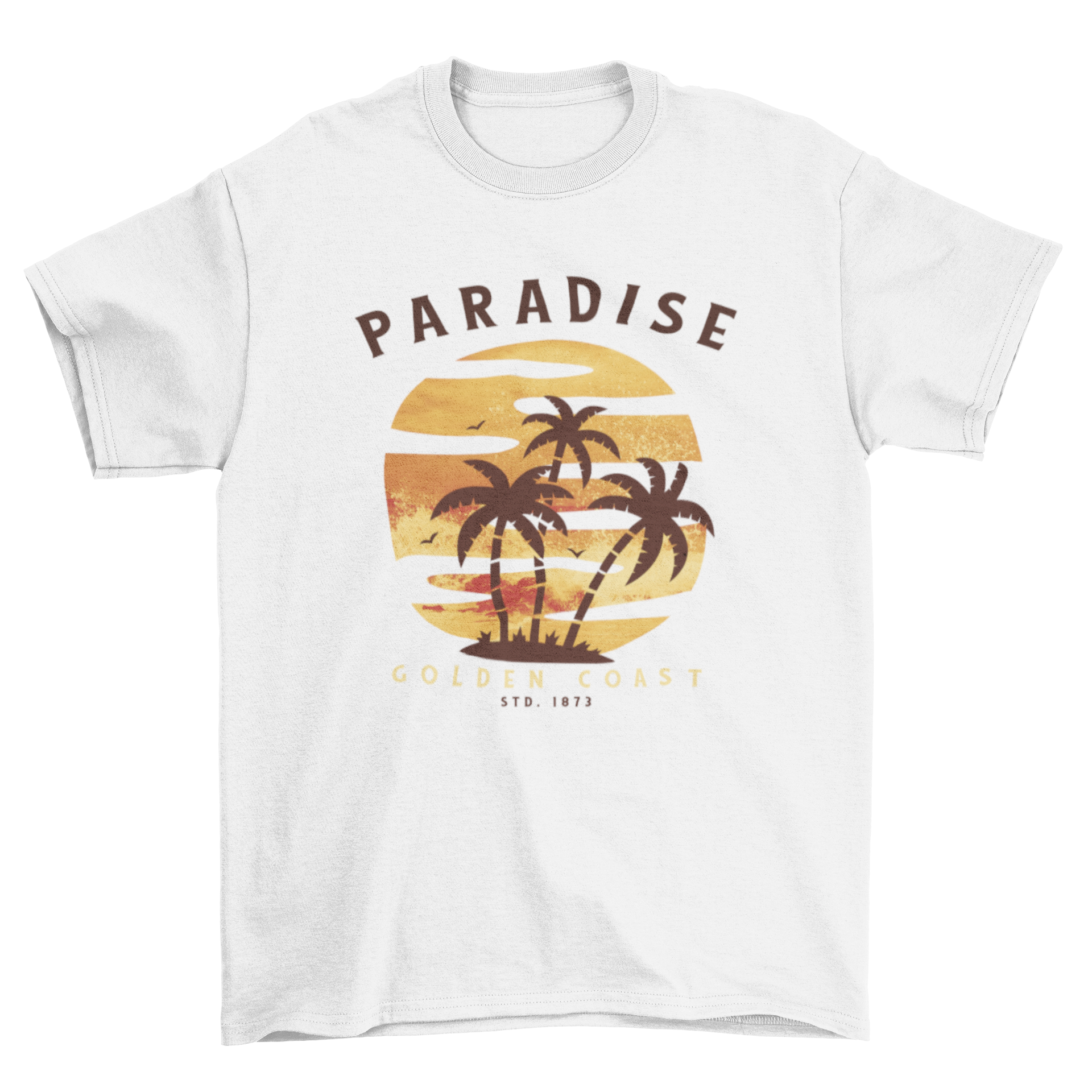 A vibrant T-shirt design featuring a sunset over a tropical beach, with editable text and objects for personalization.