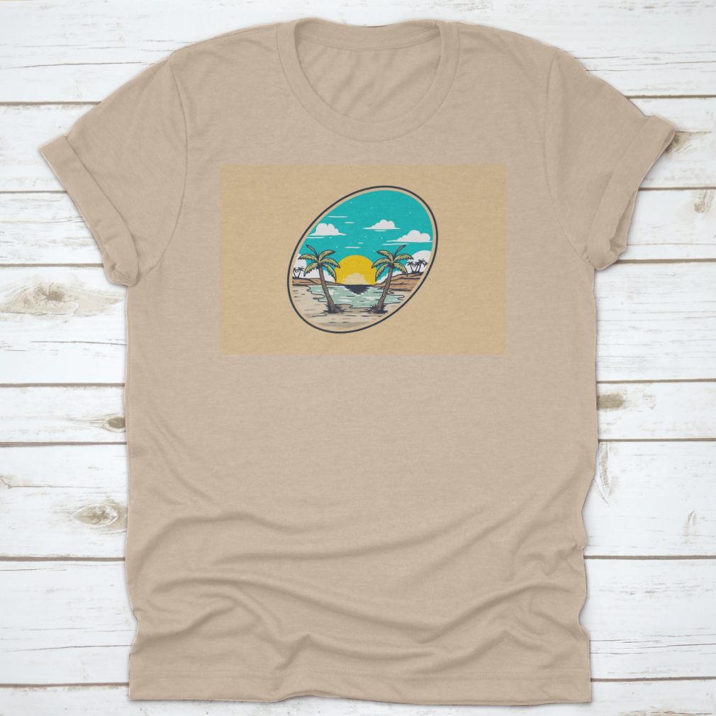 A vintage illustration of a sunset over a beach, showcasing vibrant colors and serene waves, printed on a classic cotton tee.