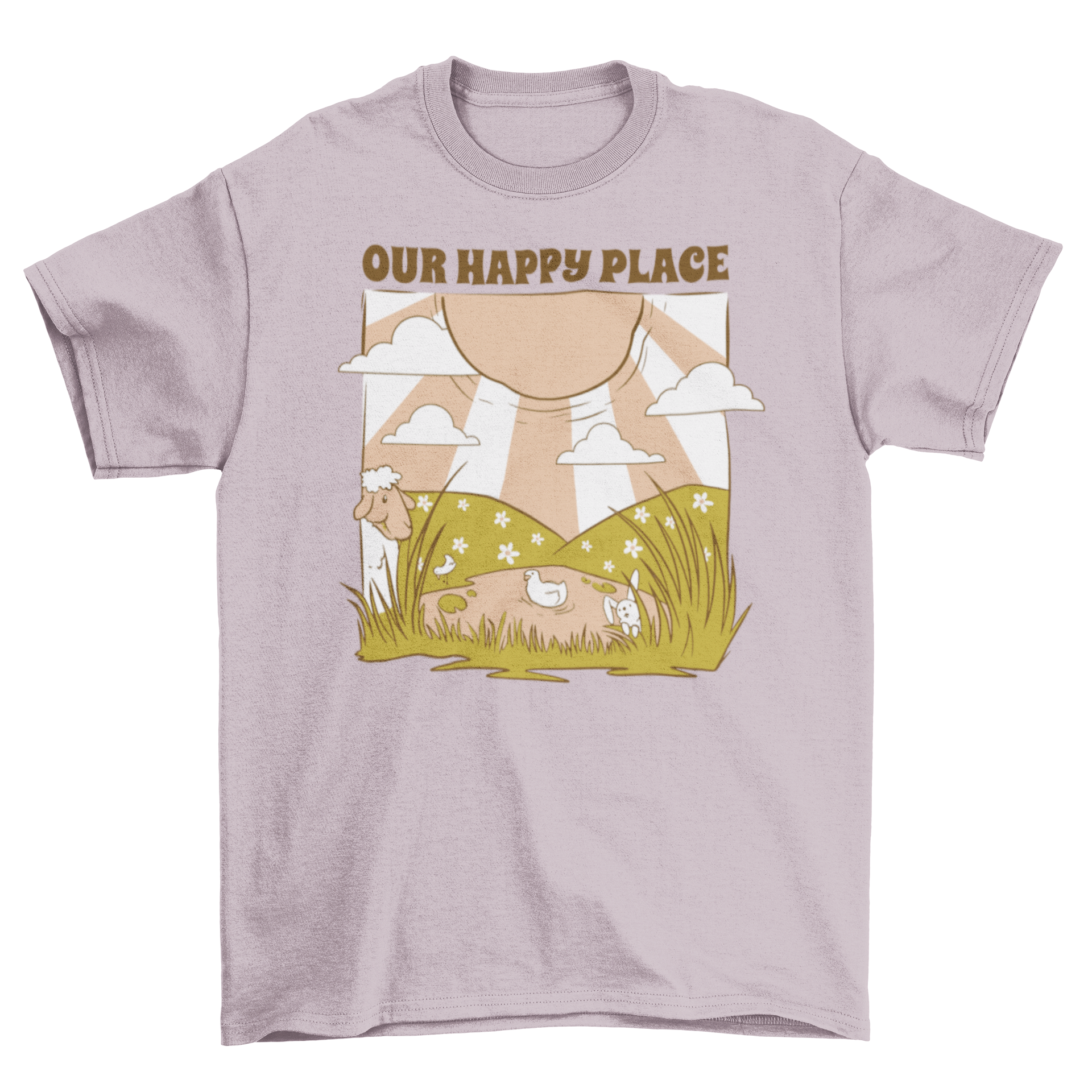 A vibrant t-shirt featuring a sunny countryside scene with a field, lake, and the quote 'Our happy place'.