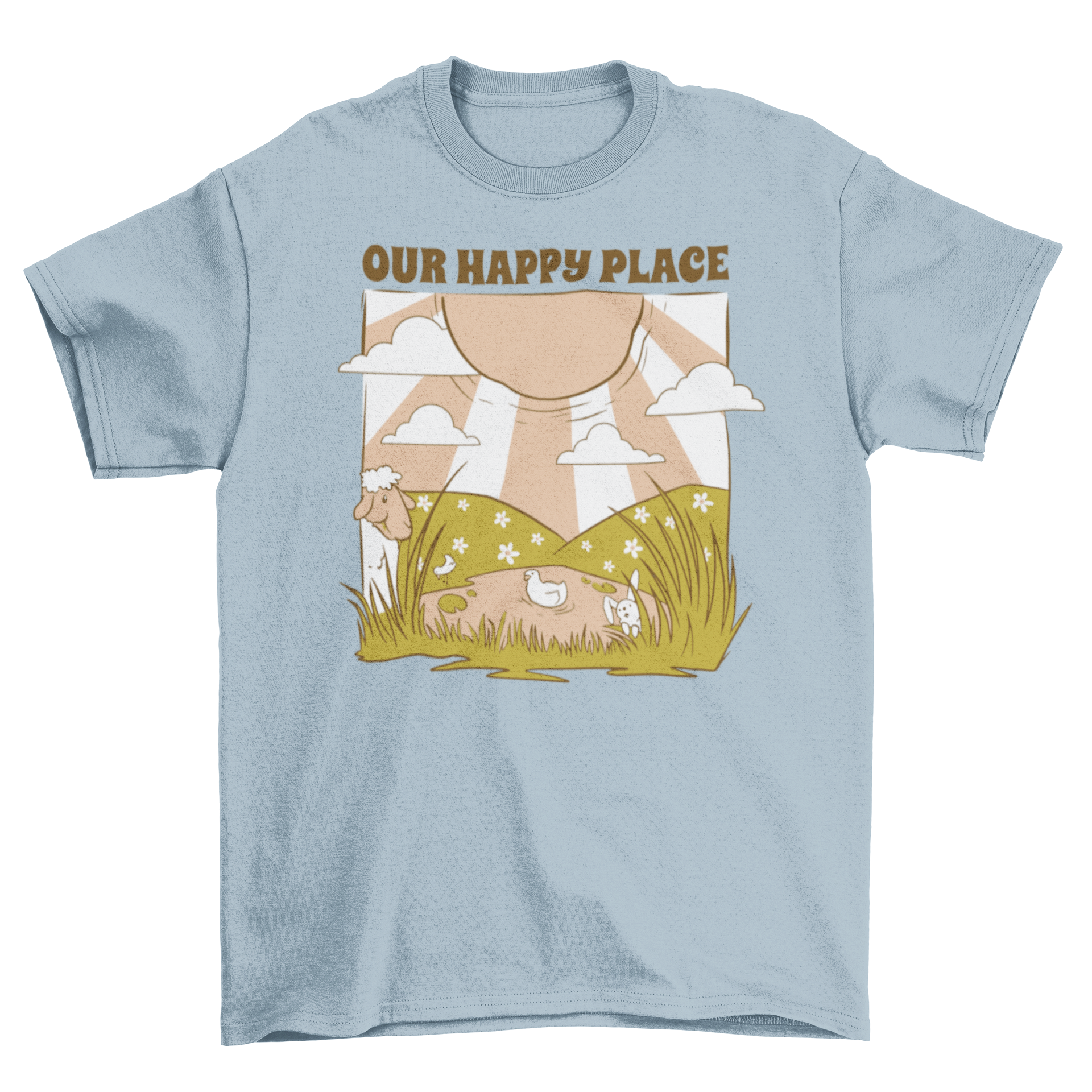 A vibrant t-shirt featuring a sunny countryside scene with a field, lake, and the quote 'Our happy place'.