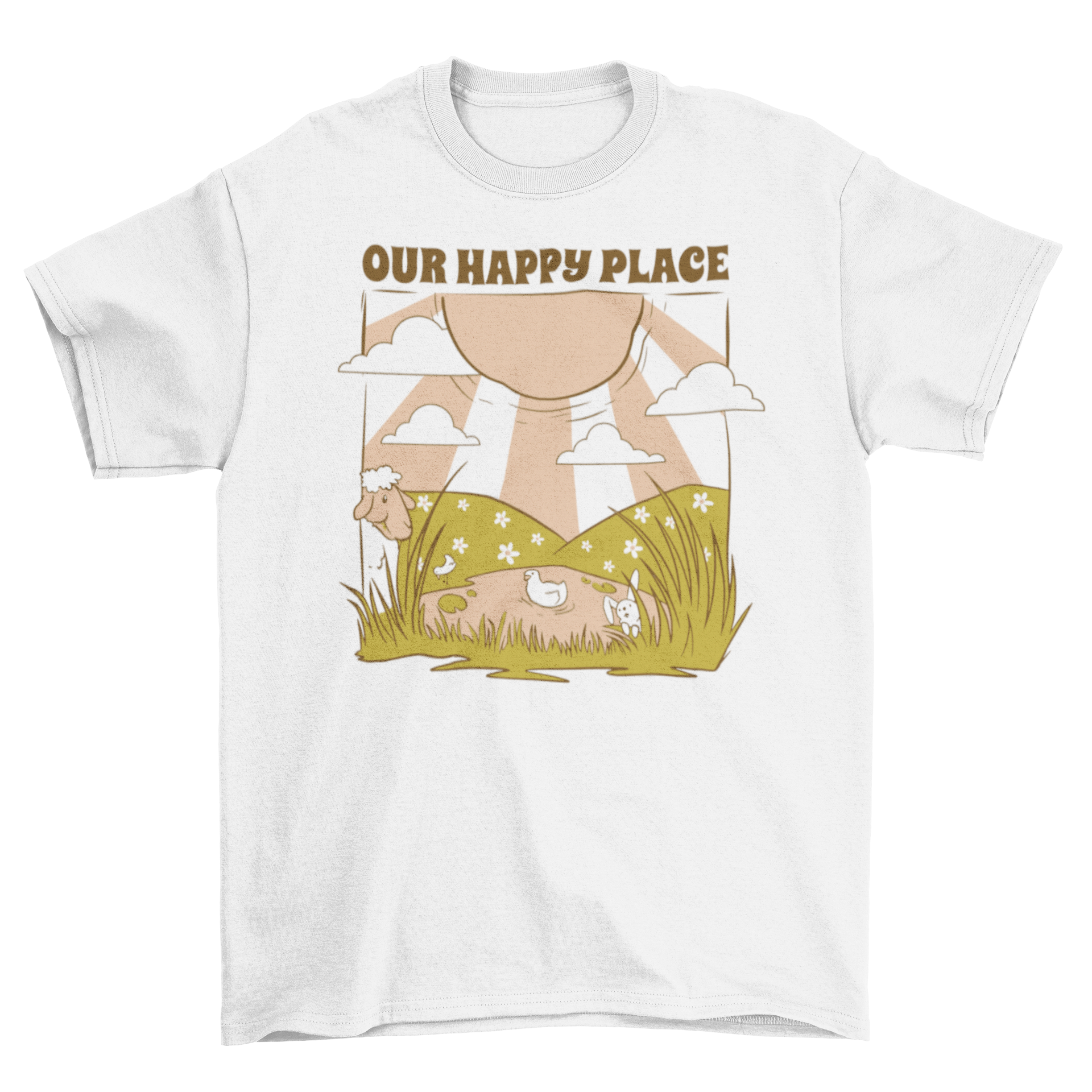 A vibrant t-shirt featuring a sunny countryside scene with a field, lake, and the quote 'Our happy place'.