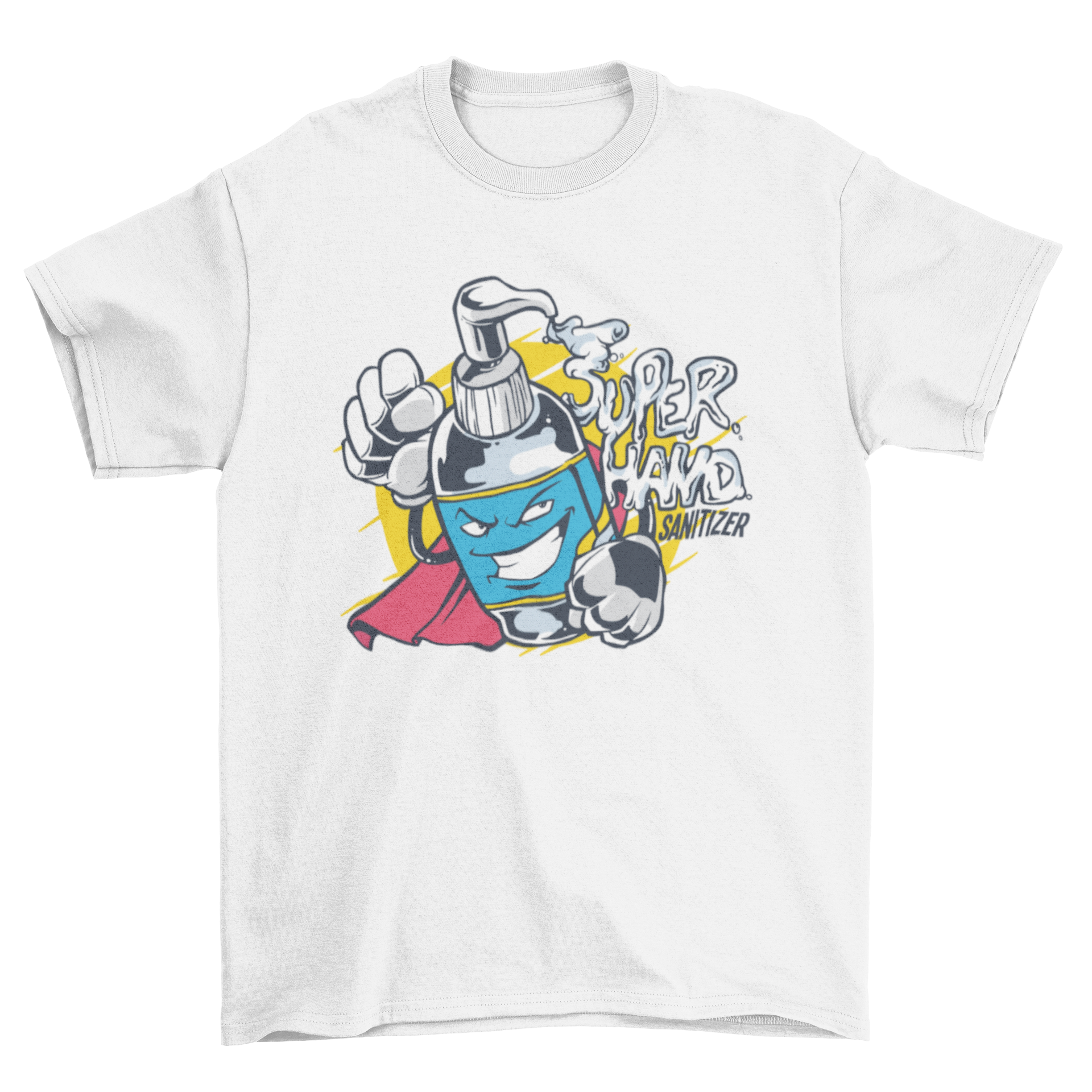 A colorful t-shirt featuring a superhero hand sanitizer bottle design with the text 'SUPER HAND SANITIZER'.