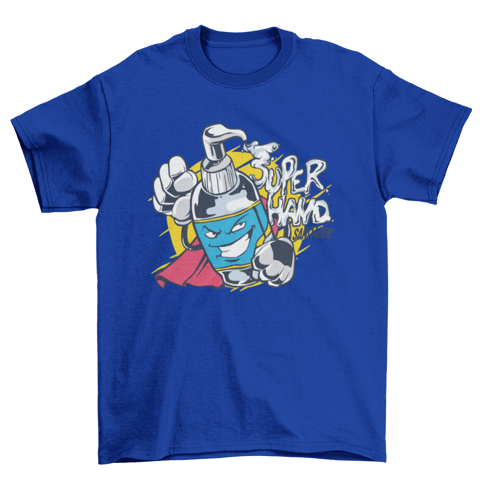 A colorful t-shirt featuring a superhero hand sanitizer bottle design with the text 'SUPER HAND SANITIZER'.