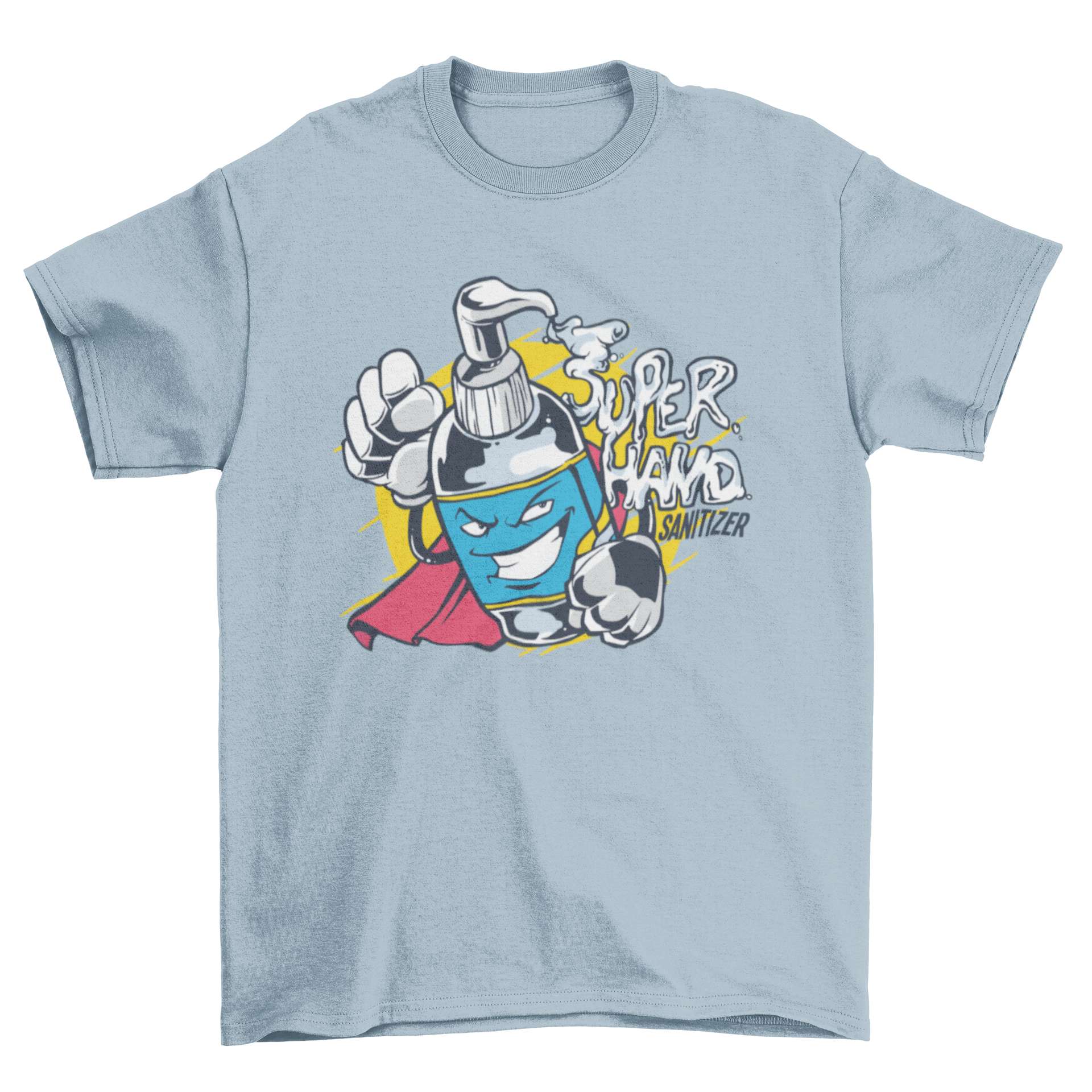 A colorful t-shirt featuring a superhero hand sanitizer bottle design with the text 'SUPER HAND SANITIZER'.
