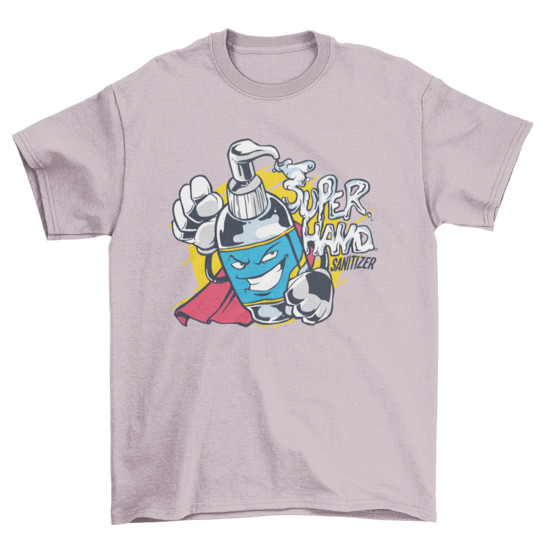 A colorful t-shirt featuring a superhero hand sanitizer bottle design with the text 'SUPER HAND SANITIZER'.