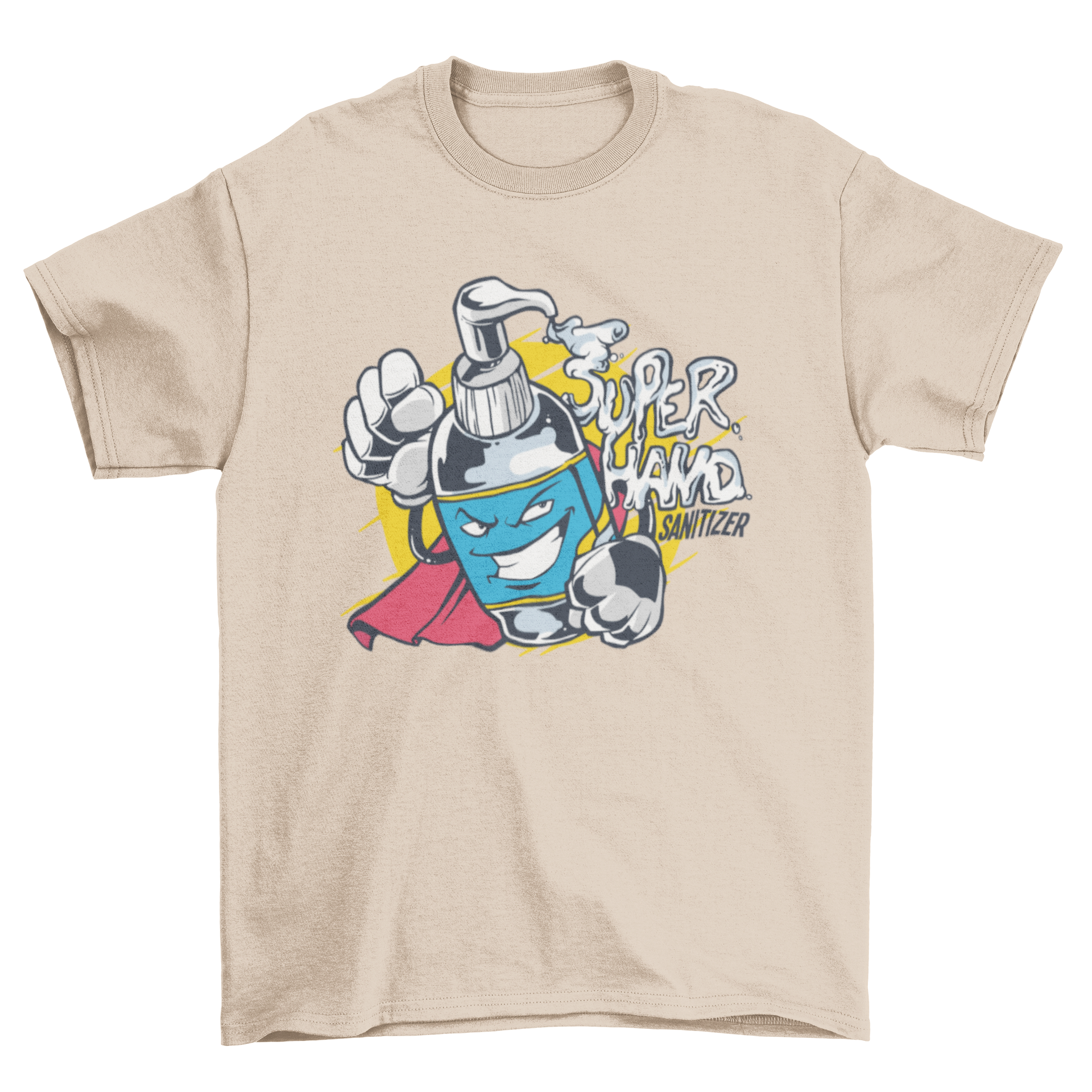 A colorful t-shirt featuring a superhero hand sanitizer bottle design with the text 'SUPER HAND SANITIZER'.