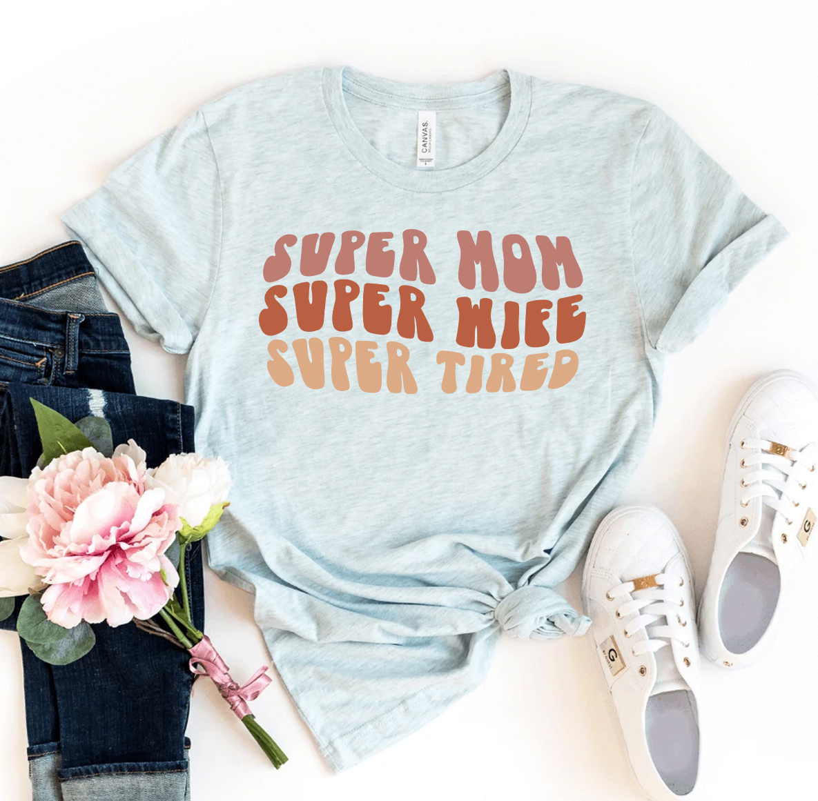 A comfortable Super Mom Super Wife Super Tired T-shirt made from premium ring spun cotton, featuring a stylish flex print design.