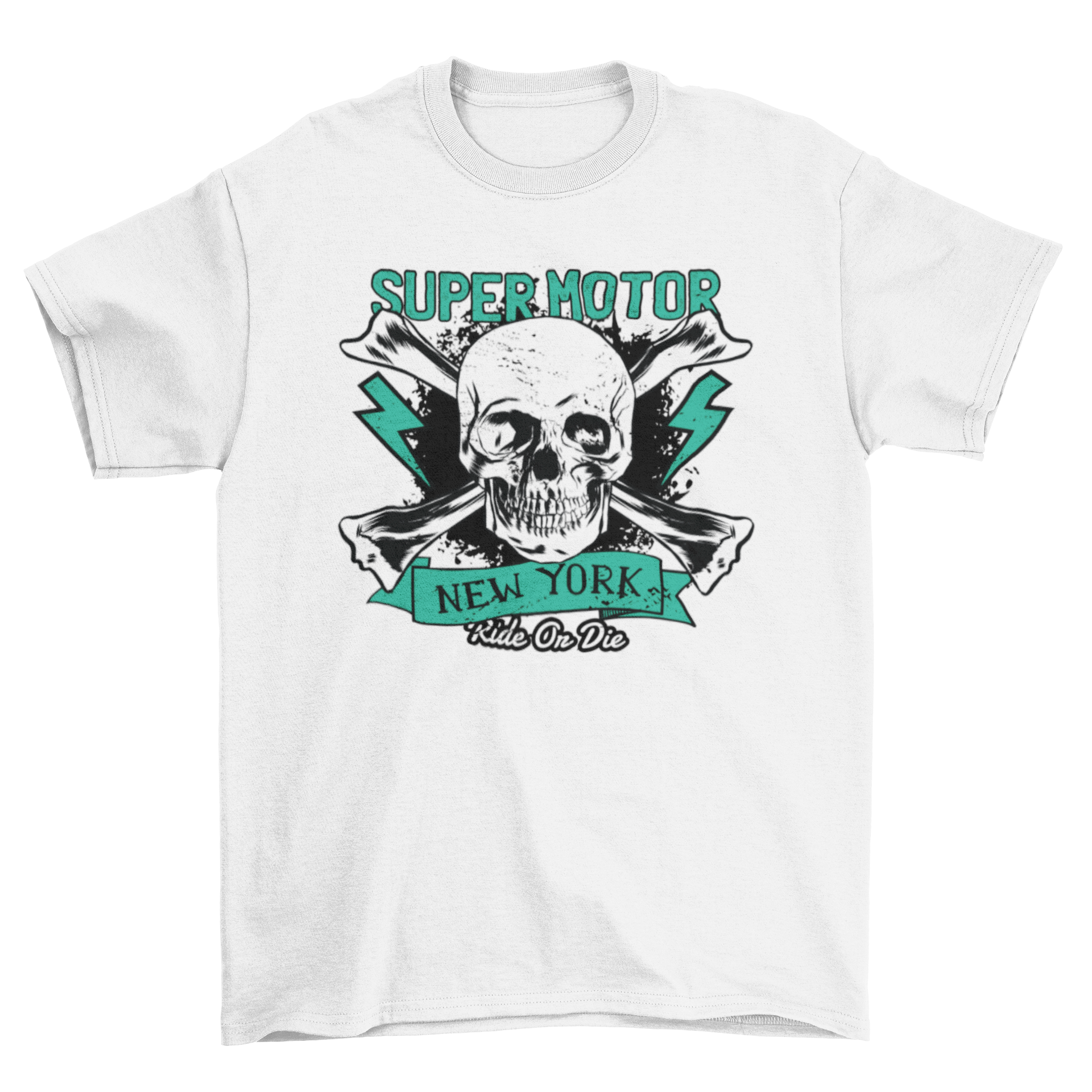 Super Motor T-shirt featuring a skull design with badges and lettering 'Supermotor' and 'New York ride or die'.