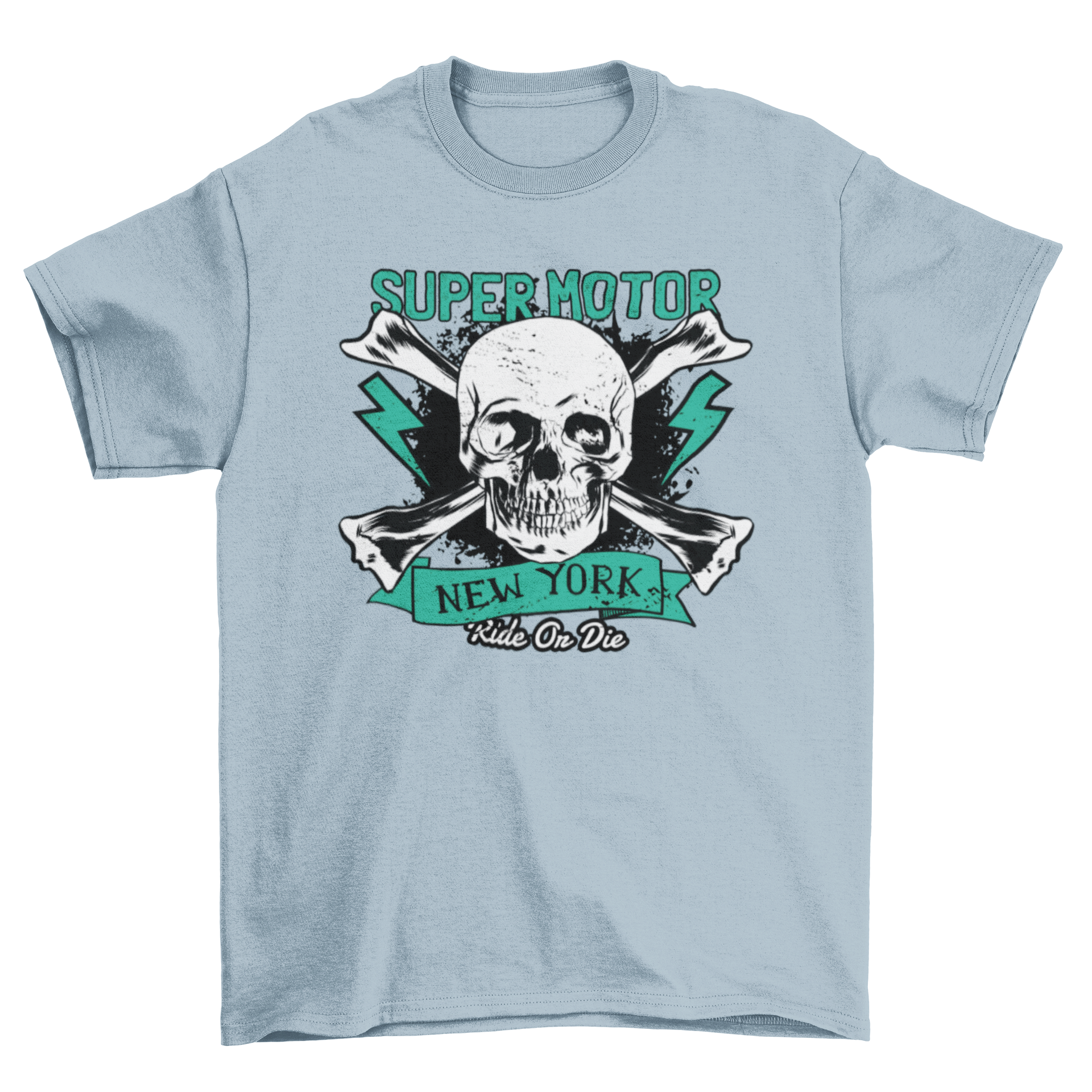 Super Motor T-shirt featuring a skull design with badges and lettering 'Supermotor' and 'New York ride or die'.