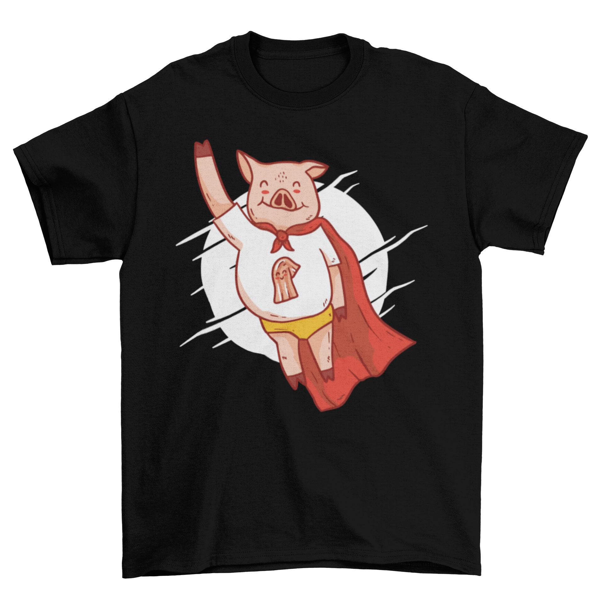 A fun Super Pig T-shirt featuring a cartoon pig wearing a bacon strip shirt, perfect for bacon lovers.