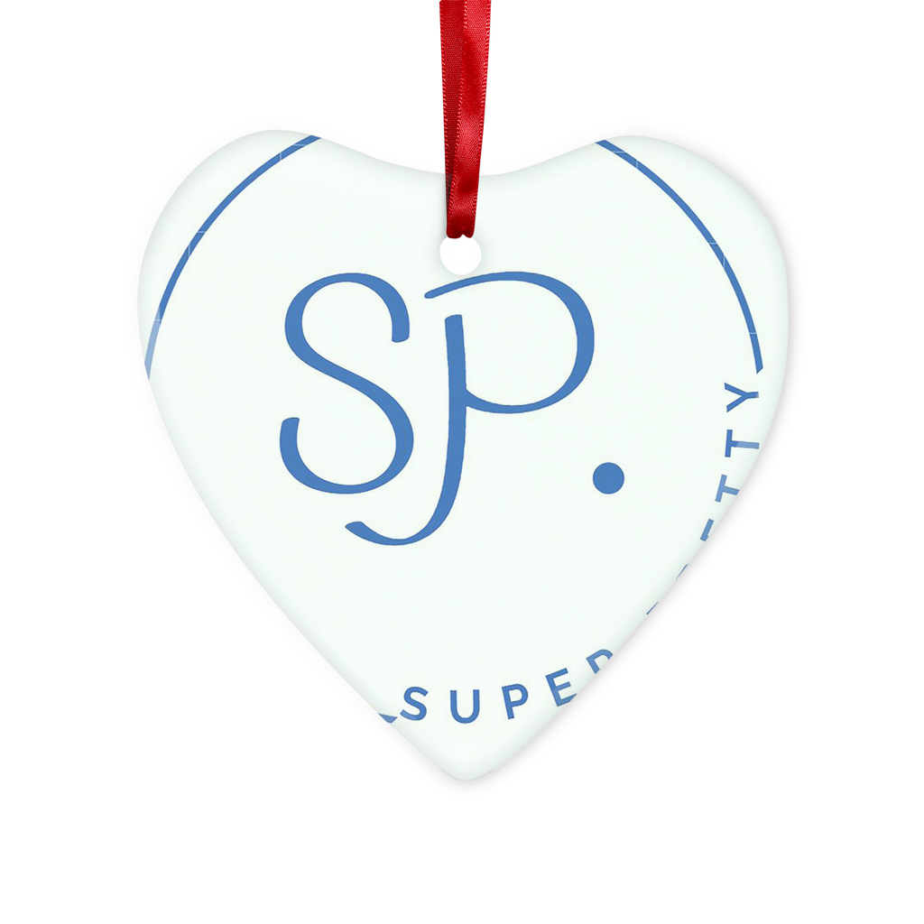 A beautifully crafted glass hanging ornament in round and heart shapes, featuring a red ribbon and gold string for hanging, elegantly packaged in a white box.