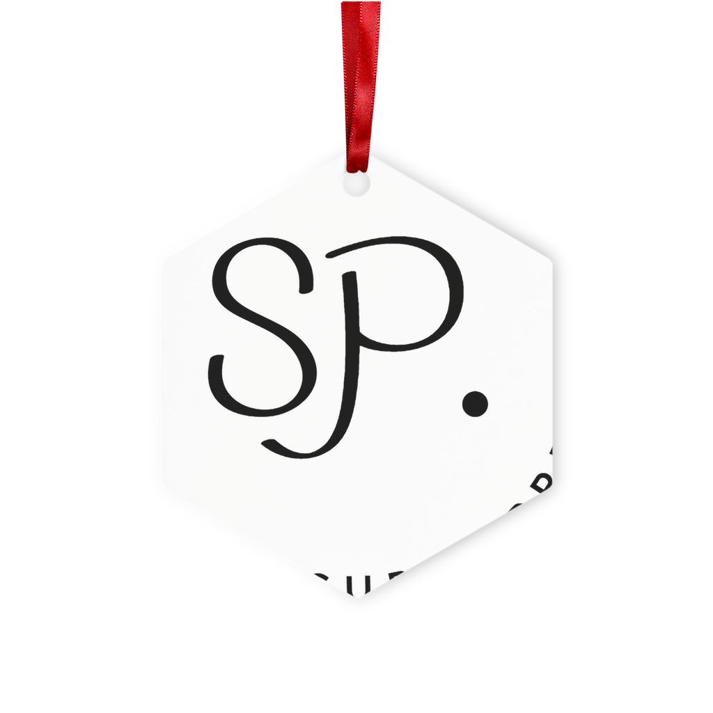 Super Pretty Metal Hanging Ornament in hexagon and star shapes, featuring a glossy white finish and red ribbon for hanging.