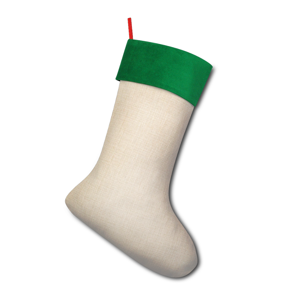 Super Pretty Sublimation Christmas Stocking in green and red with a soft top, featuring a vibrant print and red hanging rope.
