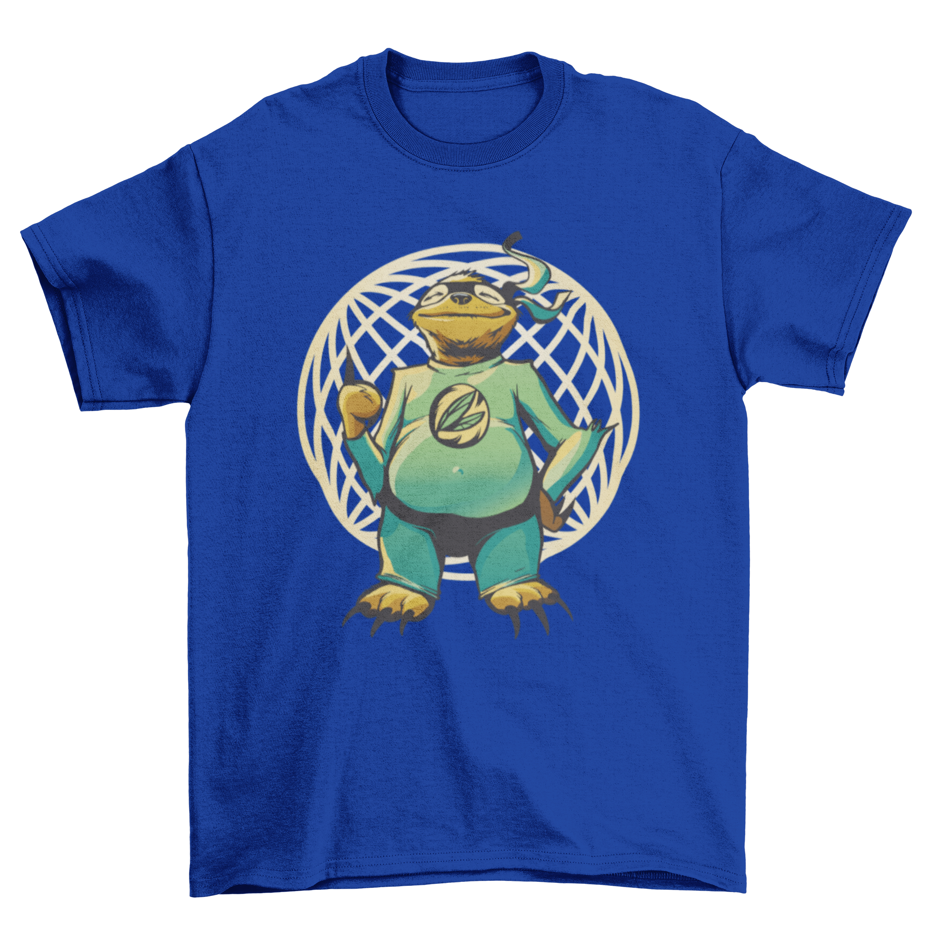 A playful t-shirt featuring a sloth in a colorful superhero costume, perfect for animal lovers.