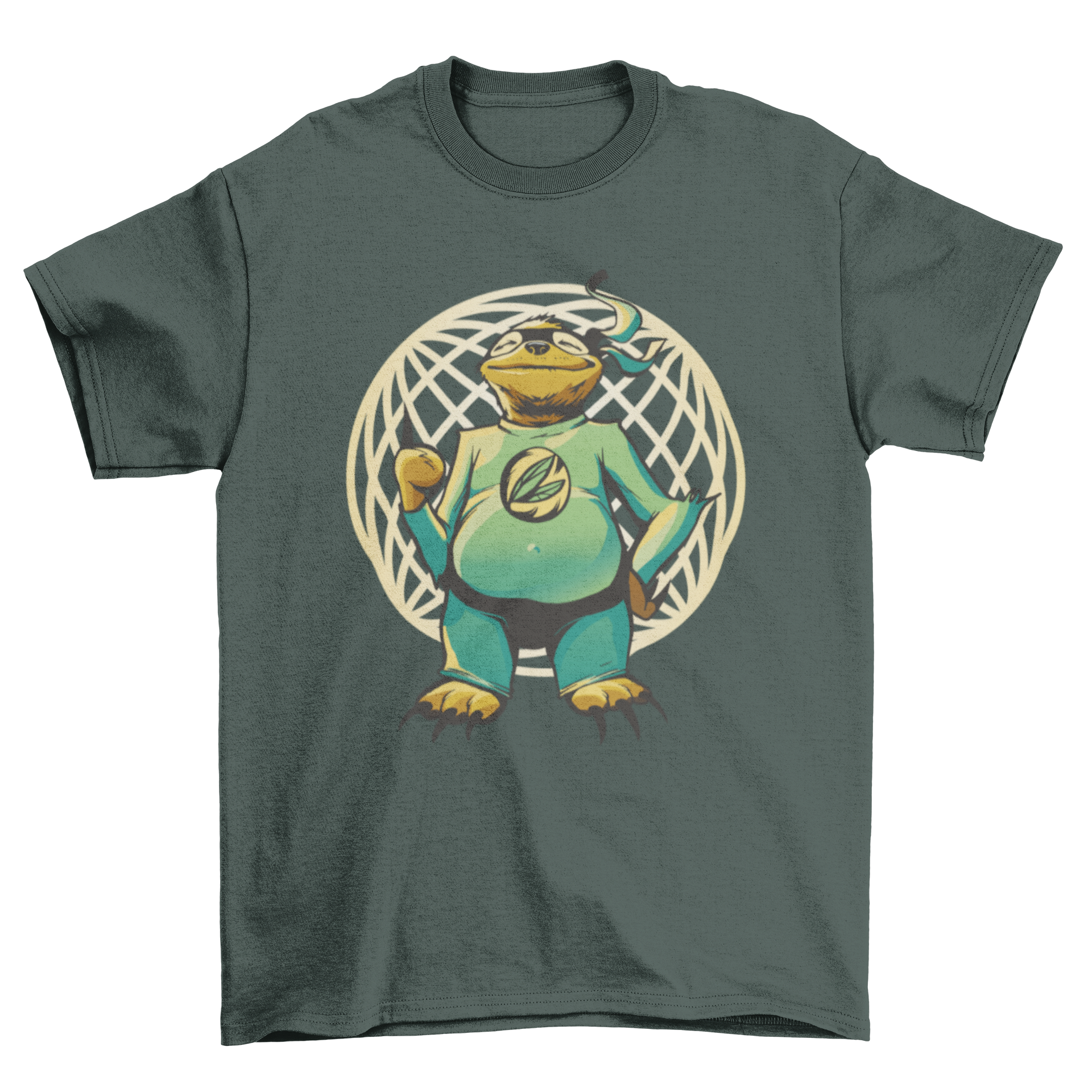 A playful t-shirt featuring a sloth in a colorful superhero costume, perfect for animal lovers.