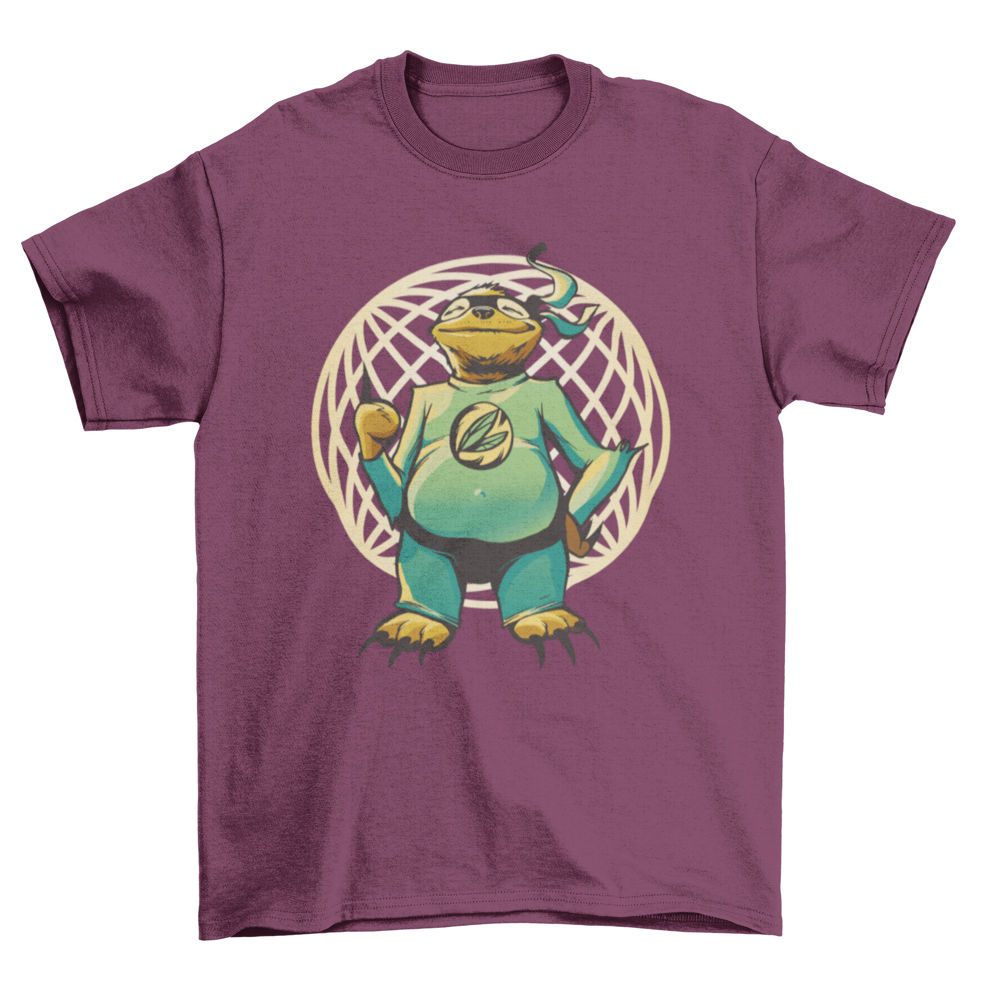 A playful t-shirt featuring a sloth in a colorful superhero costume, perfect for animal lovers.