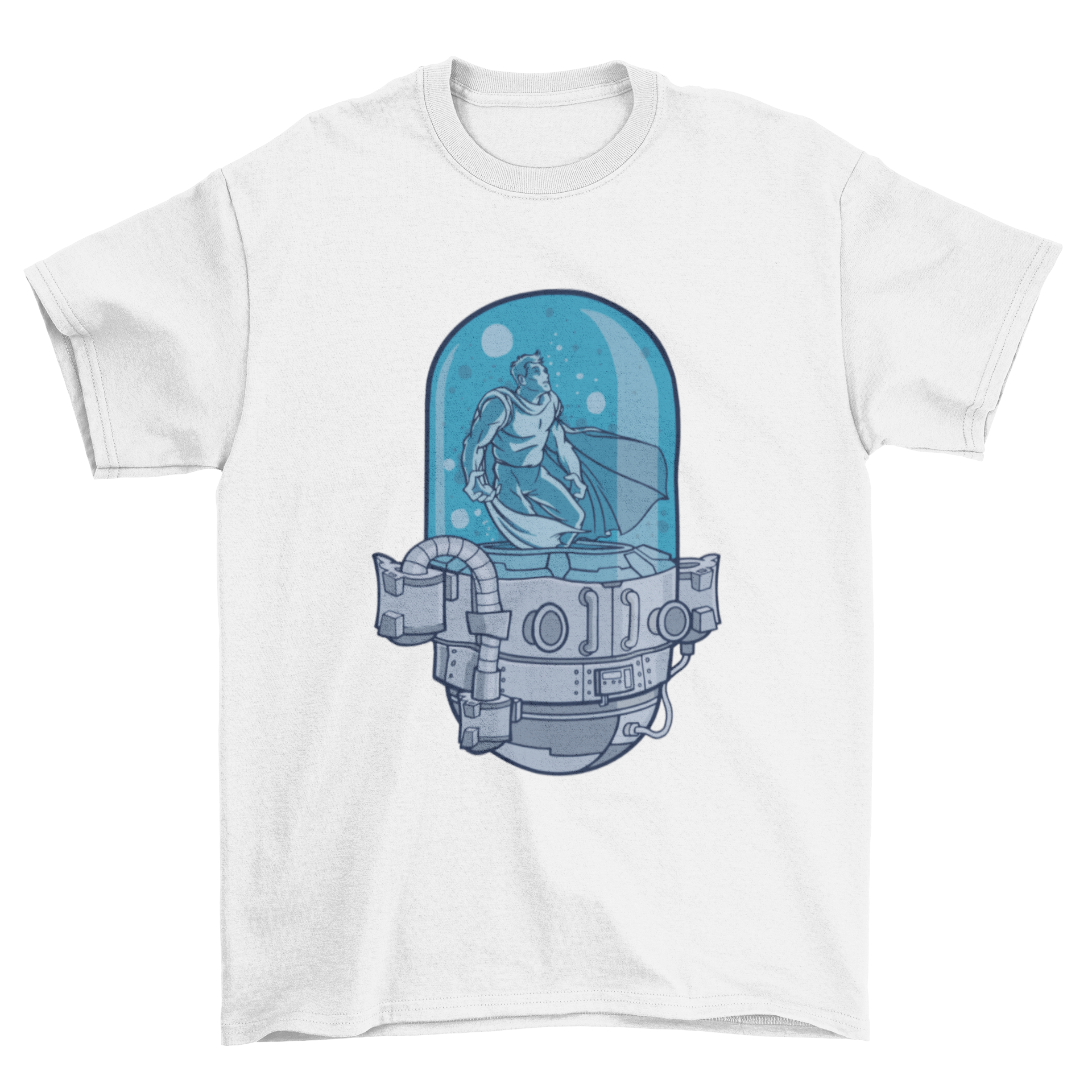 A stylish Superhero Capsule T-shirt featuring a vibrant illustration of a superhero inside a capsule machine.