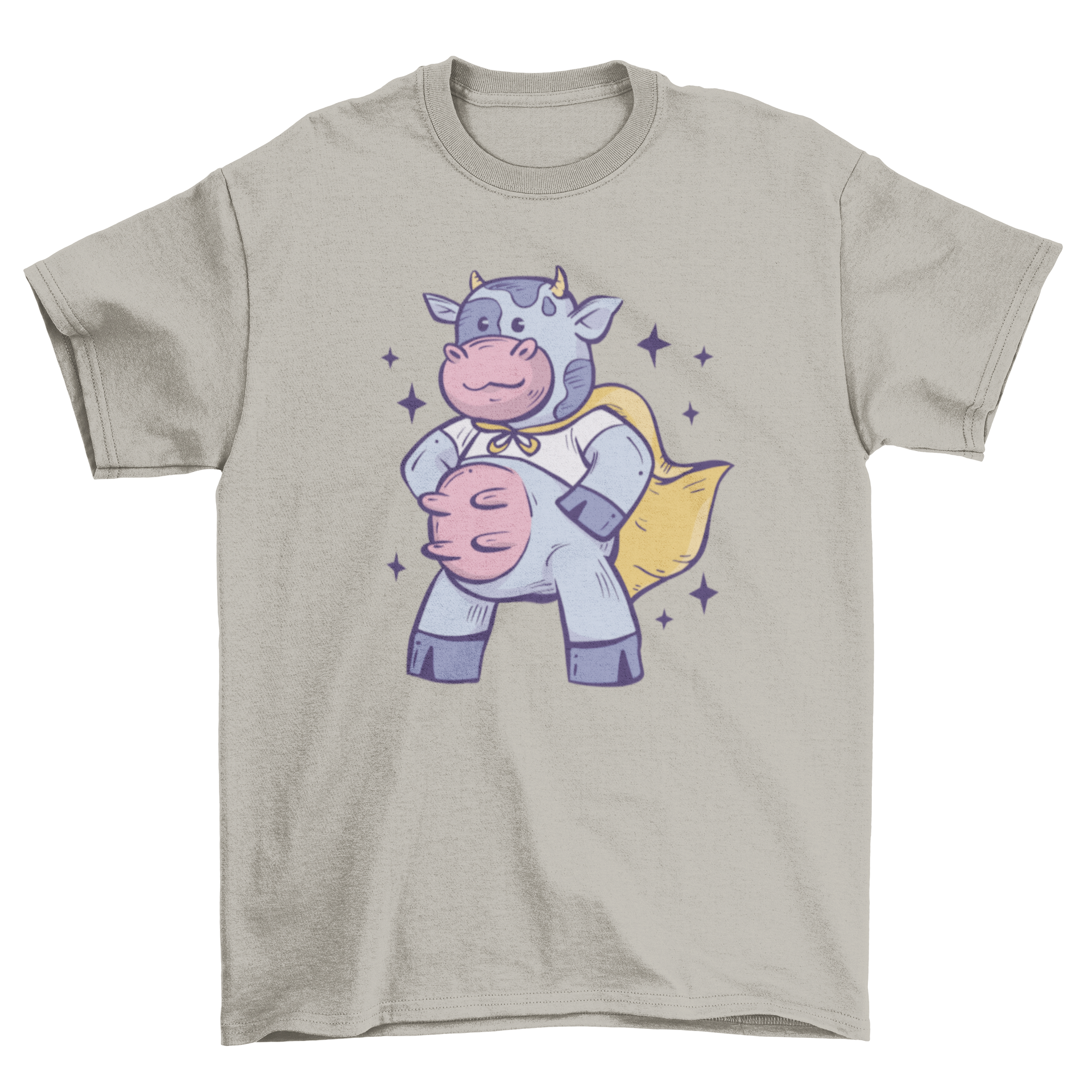 A playful t-shirt featuring a cow dressed as a superhero, showcasing vibrant colors and a fun design.