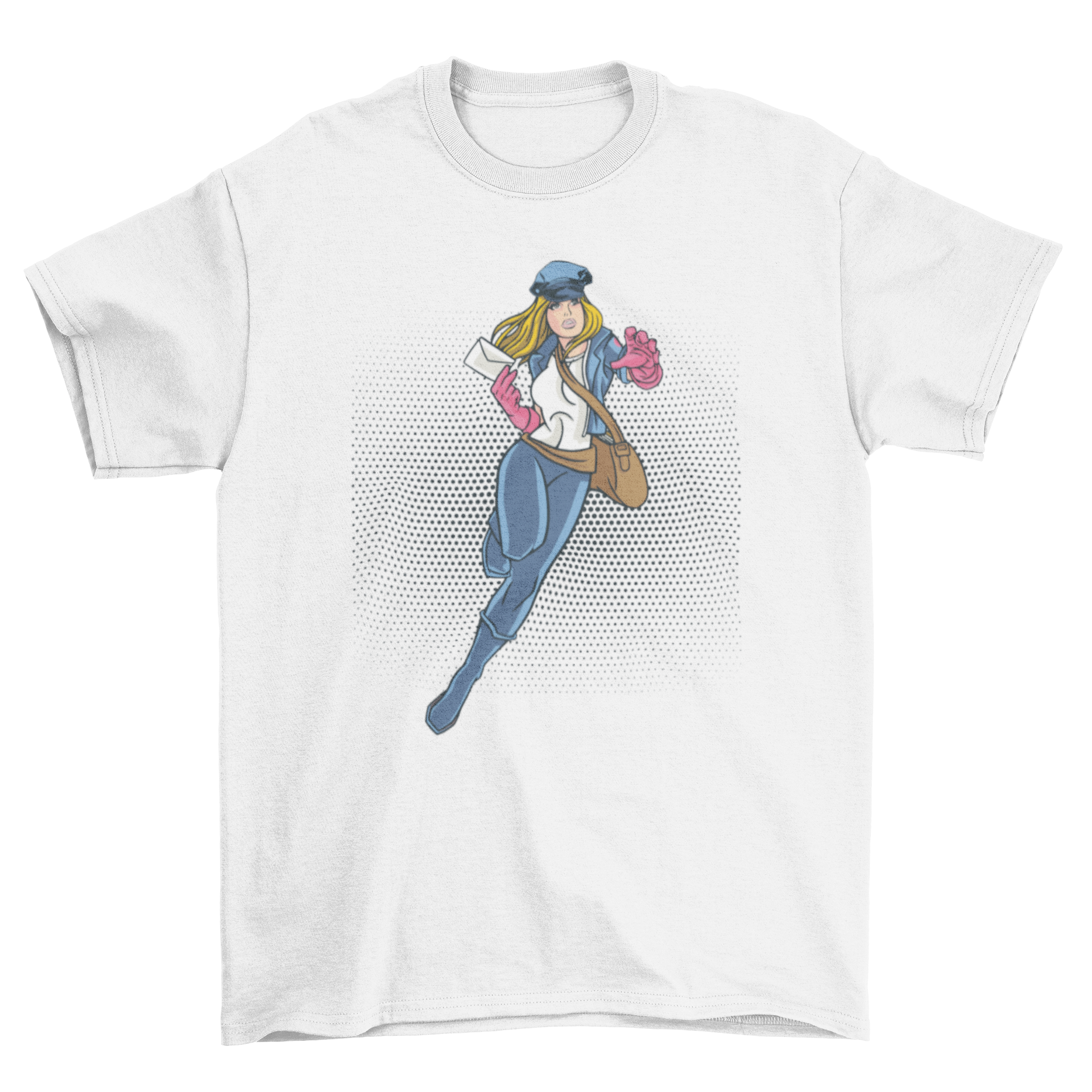 A vibrant T-shirt featuring a comic-style super-postwoman character, showcasing her strength and heroism.