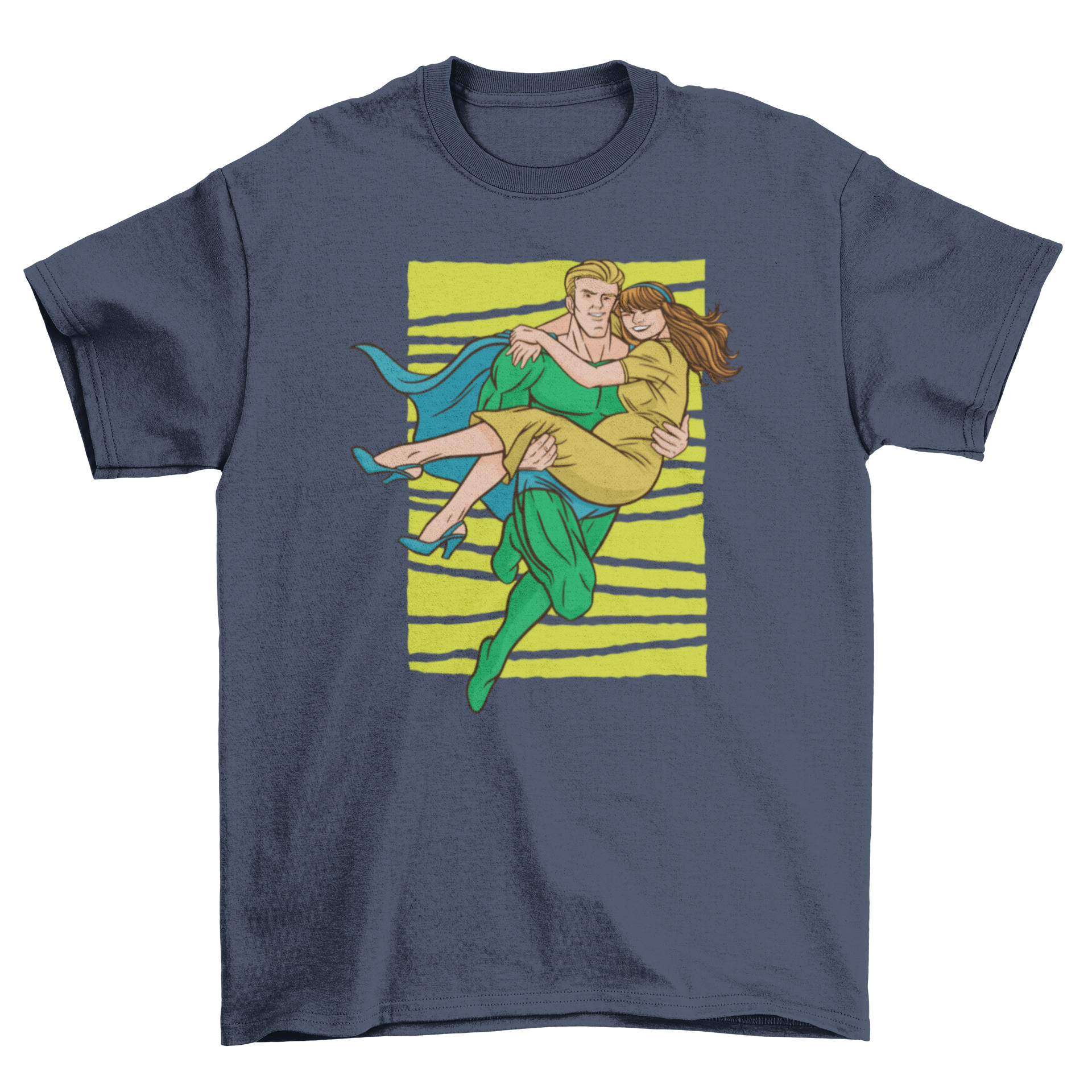 A stylish t-shirt featuring a superhero saving a woman, showcasing strength and empowerment.