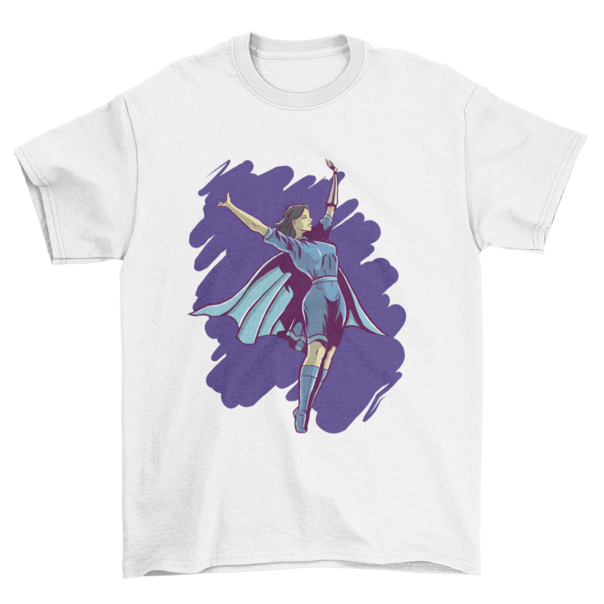 A vibrant graphic T-shirt featuring a sorceress in a blue dress flying over a brushed blue background, perfect for superhero fans.