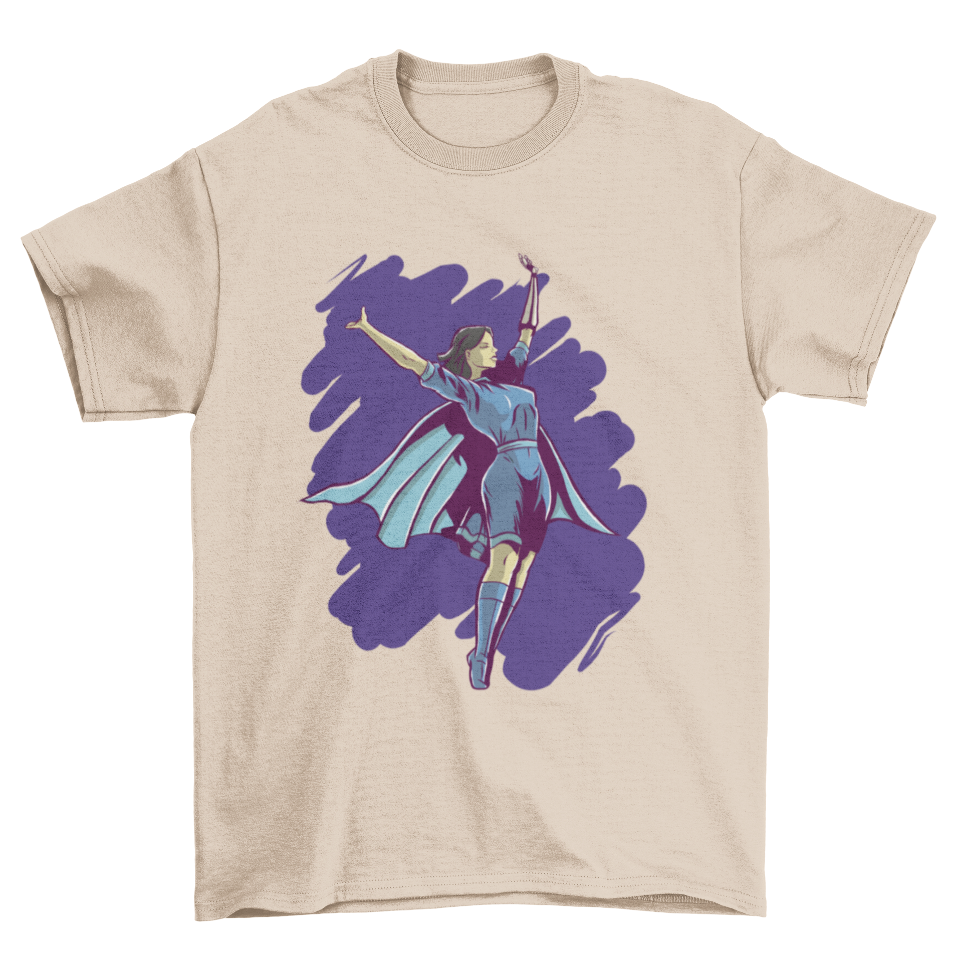 A vibrant graphic T-shirt featuring a sorceress in a blue dress flying over a brushed blue background, perfect for superhero fans.