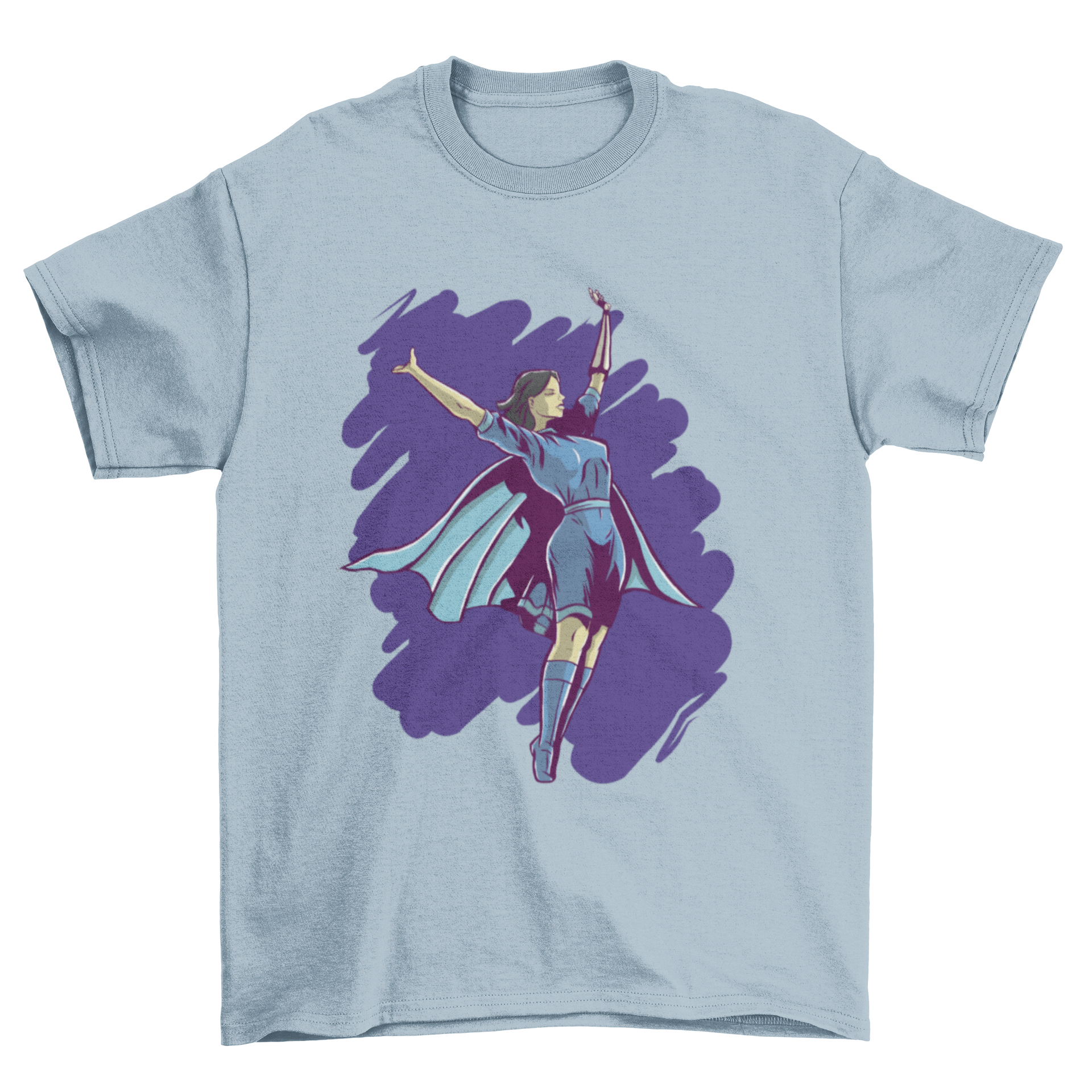 A vibrant graphic T-shirt featuring a sorceress in a blue dress flying over a brushed blue background, perfect for superhero fans.