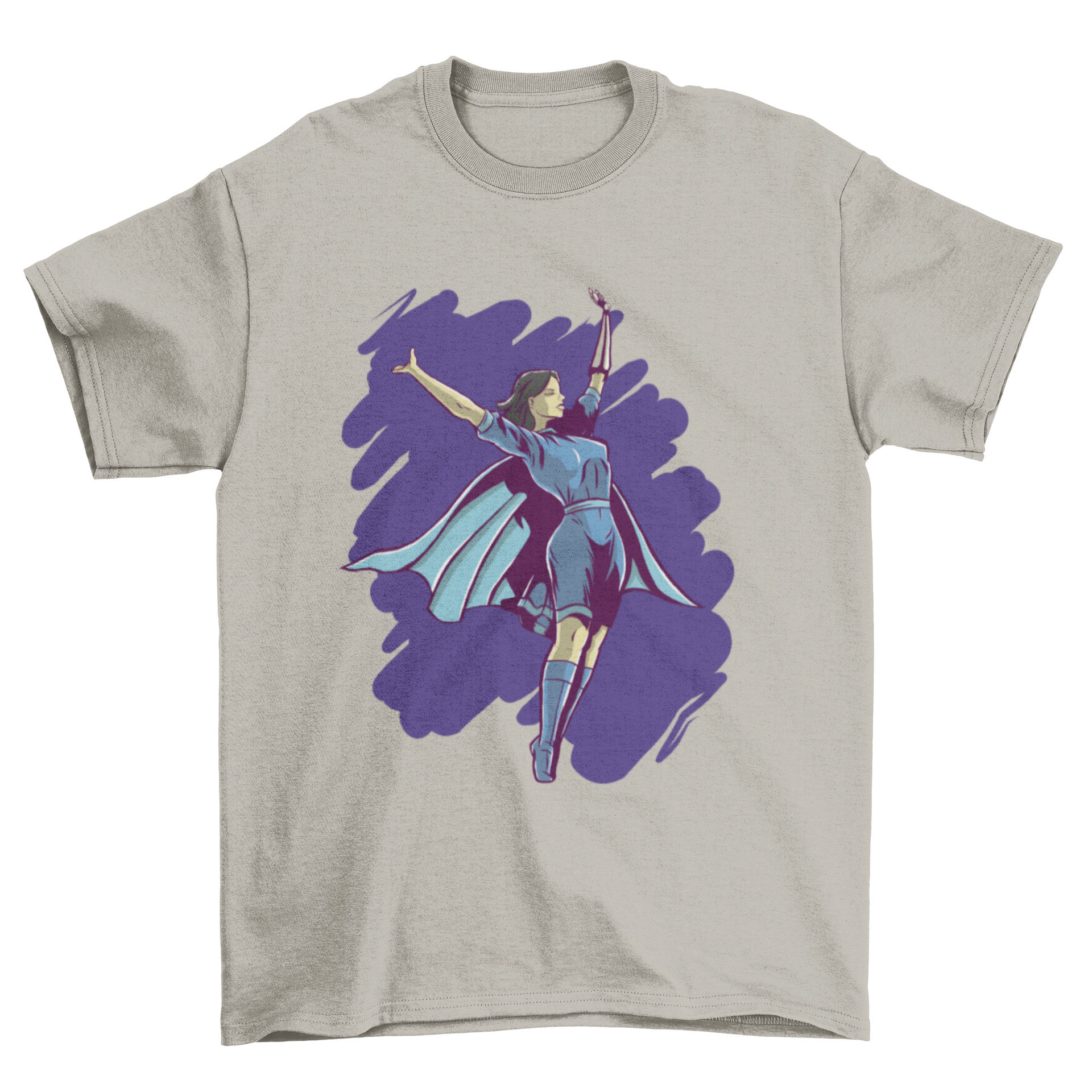 A vibrant graphic T-shirt featuring a sorceress in a blue dress flying over a brushed blue background, perfect for superhero fans.