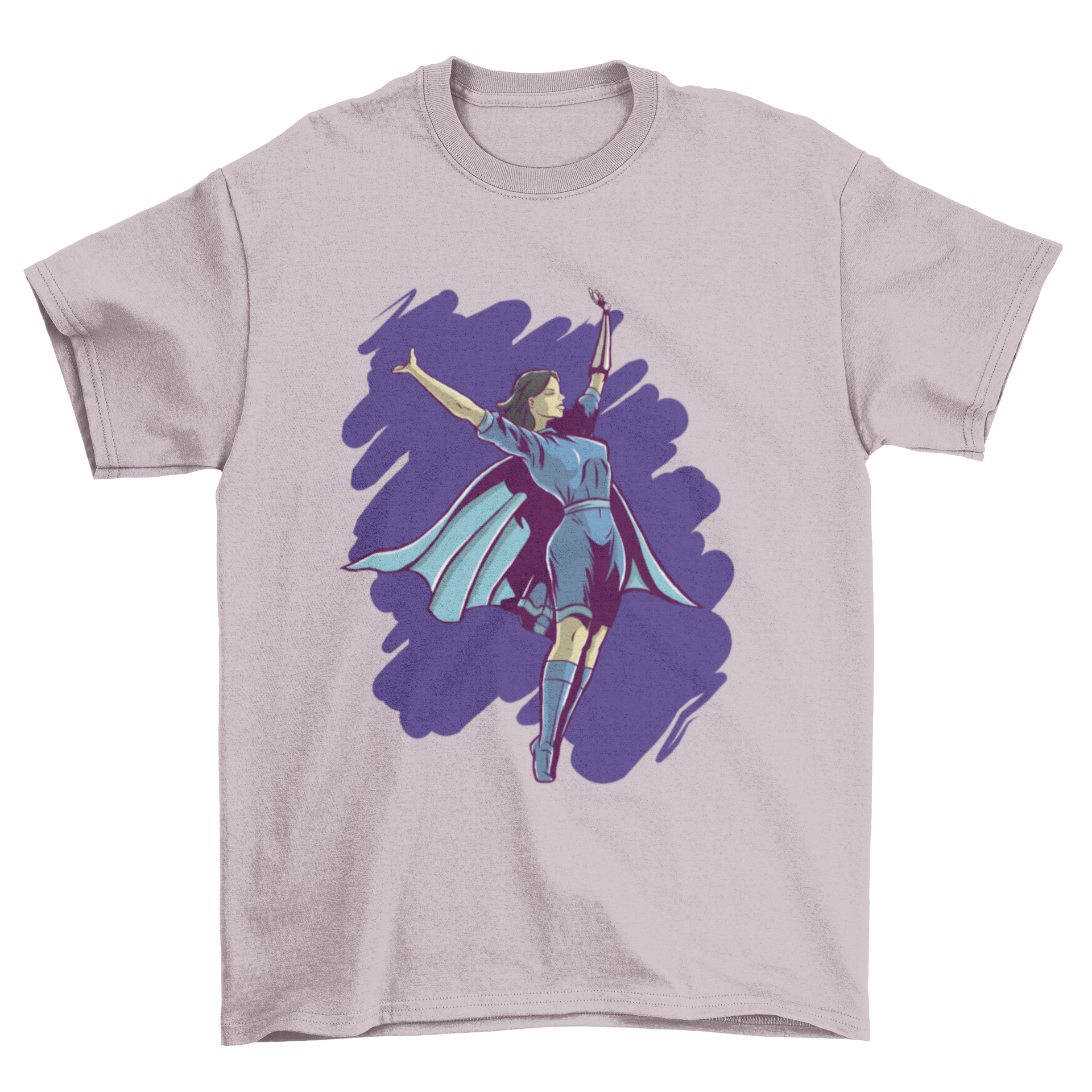 A vibrant graphic T-shirt featuring a sorceress in a blue dress flying over a brushed blue background, perfect for superhero fans.