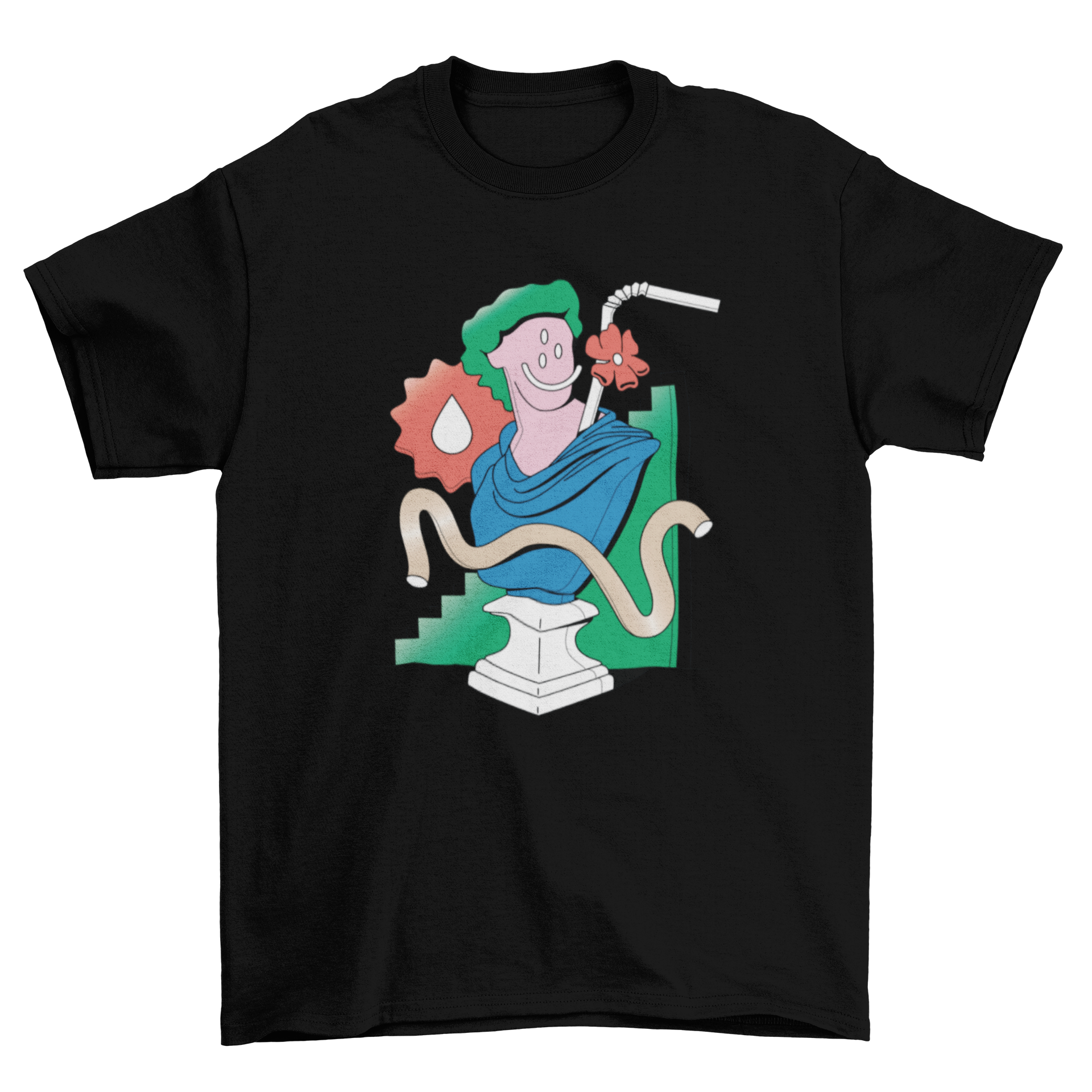 A stylish t-shirt featuring a surreal sculpture design with abstract elements like a straw, showcasing vibrant colors and artistic flair.