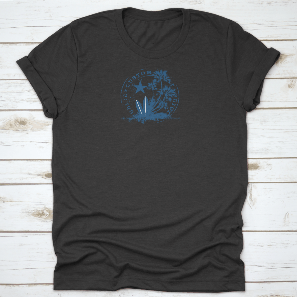 Surf Stamp T-shirt featuring a grunge summer background design, made from 100% cotton for comfort.