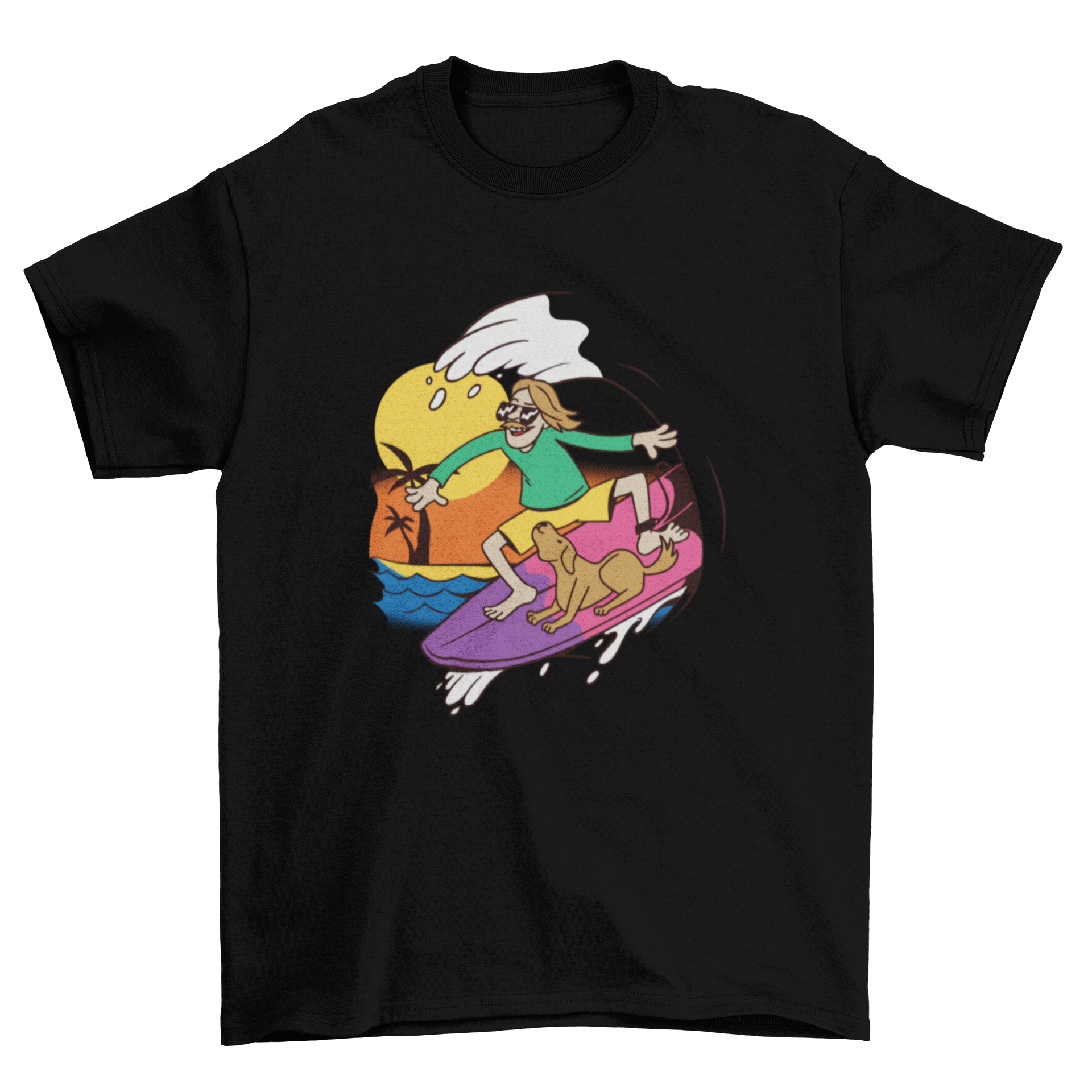 A vibrant t-shirt design featuring a surfer guy riding waves with his dog, showcasing a fun and adventurous beach lifestyle.
