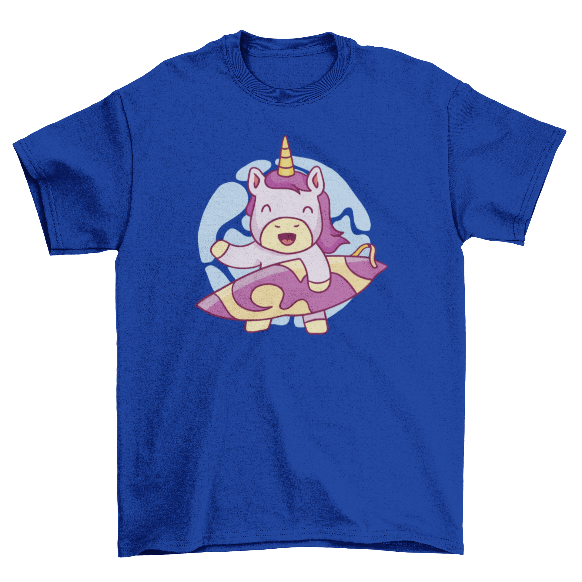 A colorful t-shirt featuring a unicorn character with a surfboard, perfect for beach lovers.