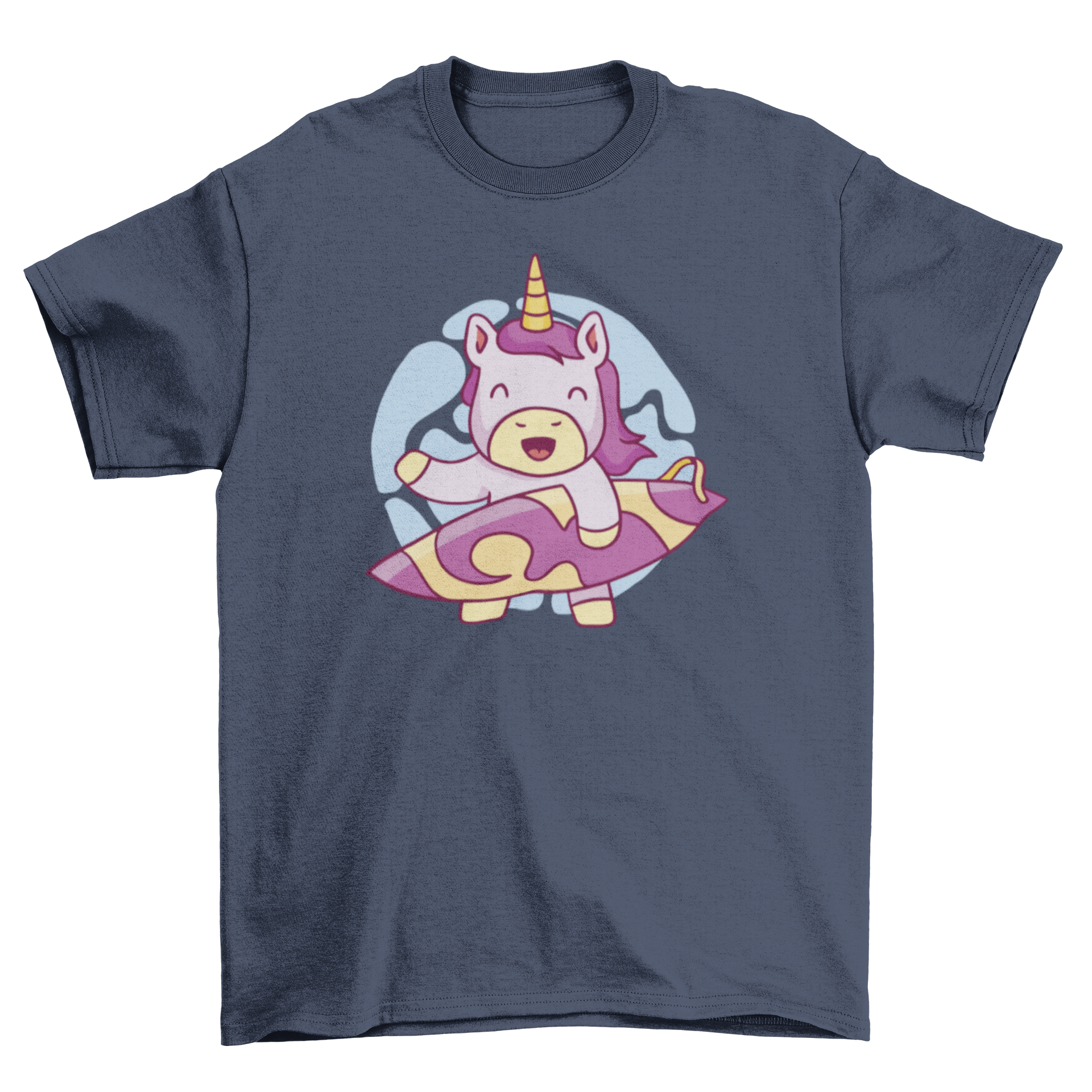 A colorful t-shirt featuring a unicorn character with a surfboard, perfect for beach lovers.