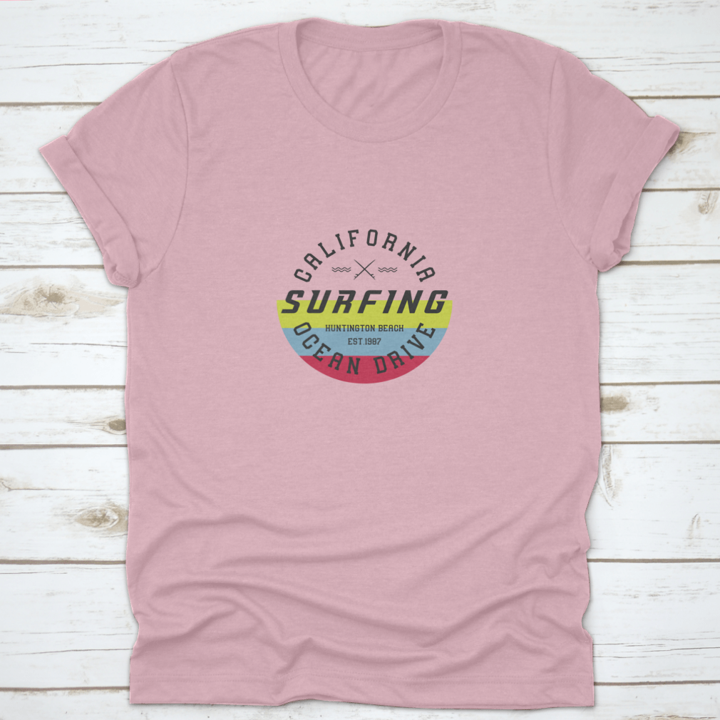 A stylish t-shirt featuring an American flag stamp vector design, perfect for surfing enthusiasts.