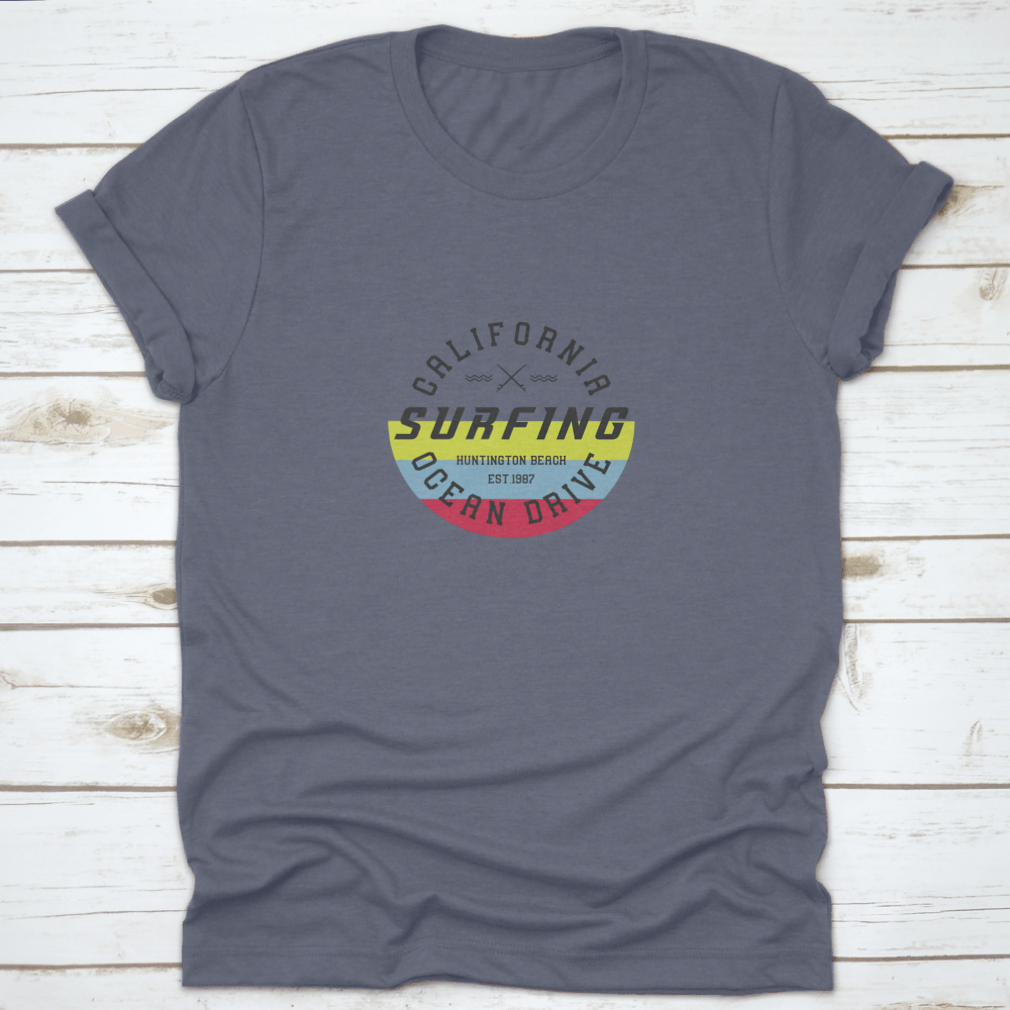 A stylish t-shirt featuring an American flag stamp vector design, perfect for surfing enthusiasts.