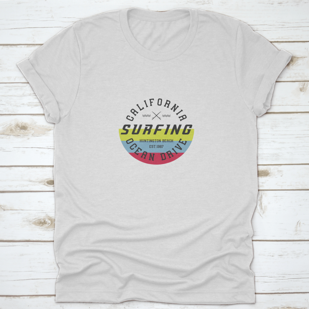 A stylish t-shirt featuring an American flag stamp vector design, perfect for surfing enthusiasts.