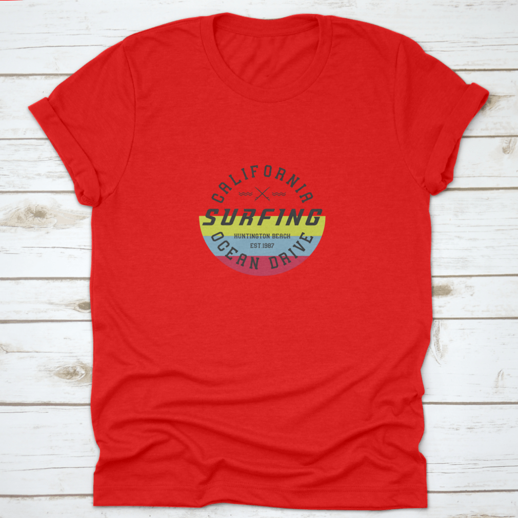 A stylish t-shirt featuring an American flag stamp vector design, perfect for surfing enthusiasts.