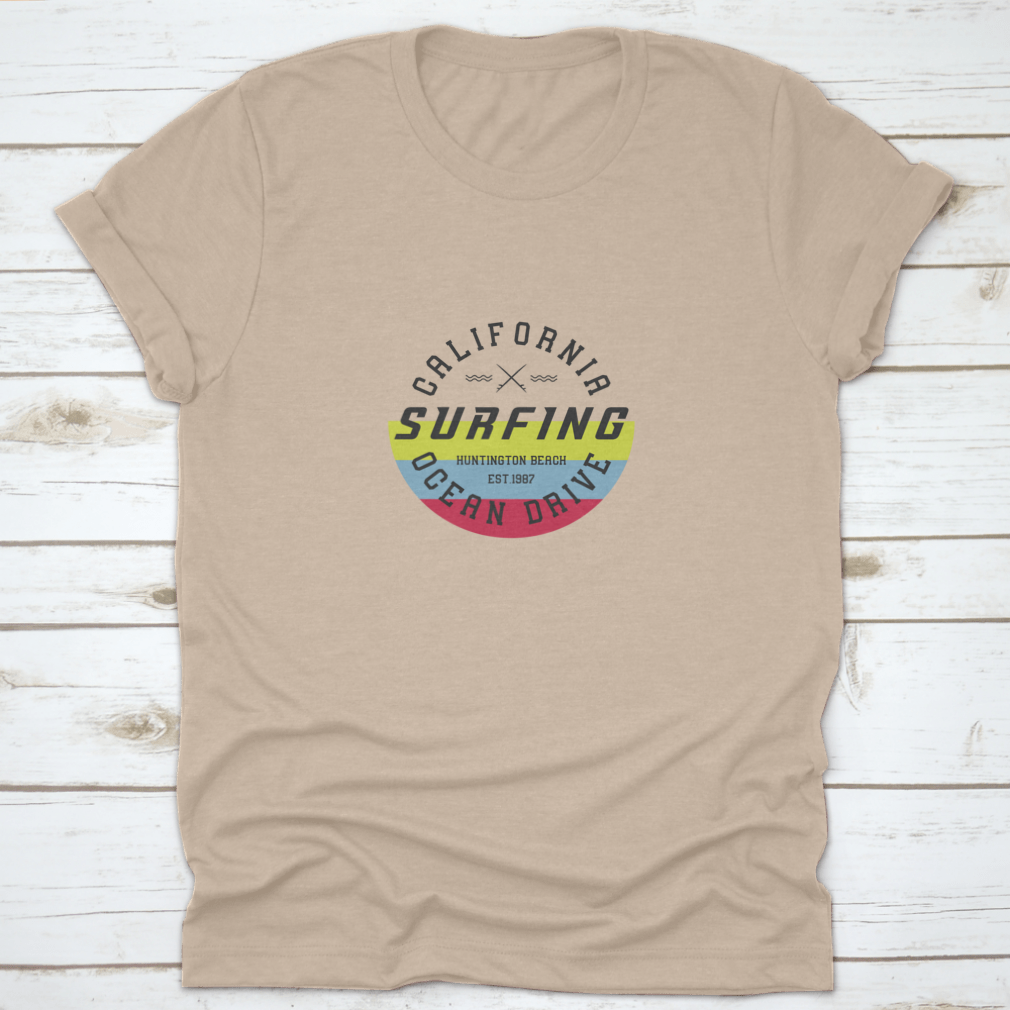 A stylish t-shirt featuring an American flag stamp vector design, perfect for surfing enthusiasts.