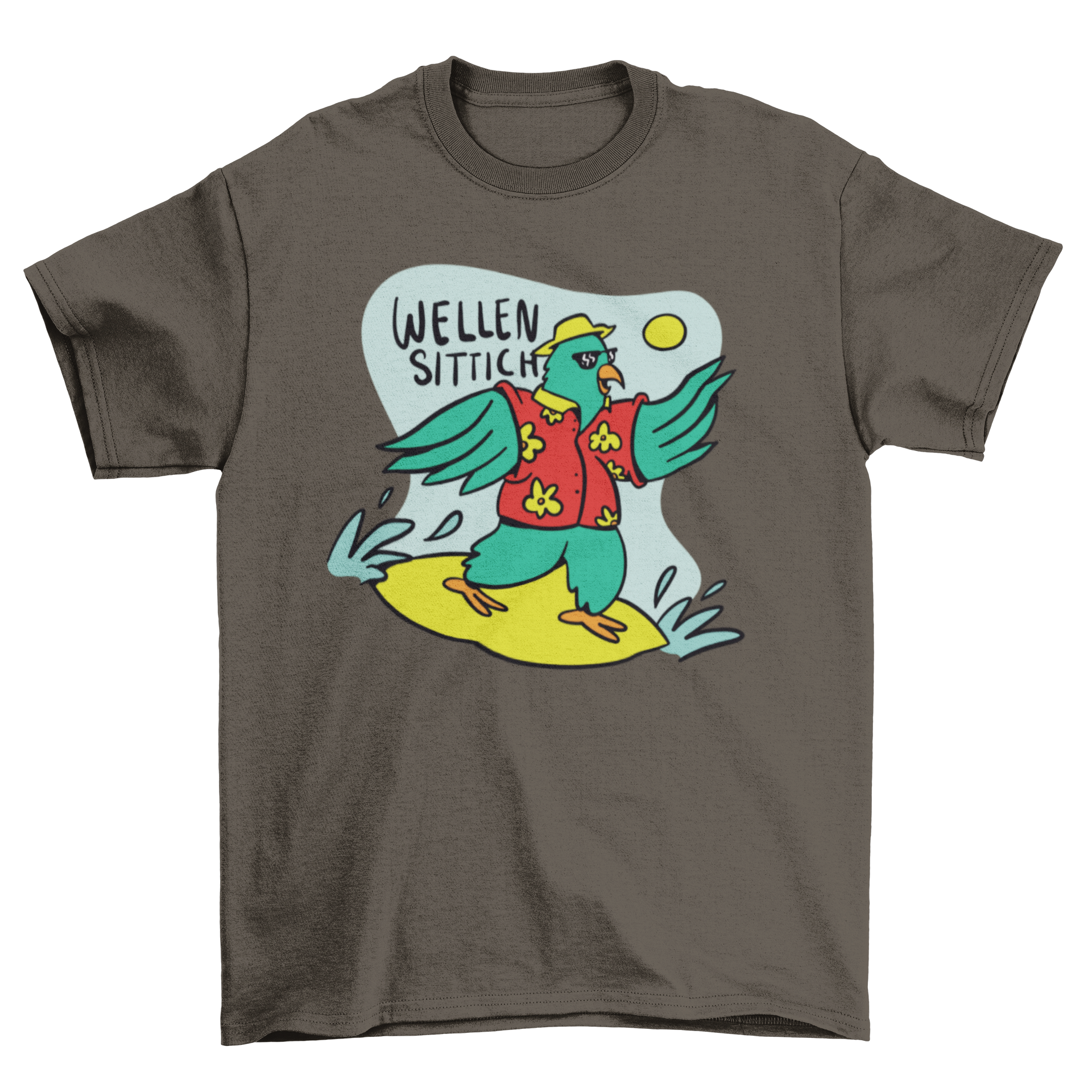 Colorful t-shirt featuring a cartoon parrot surfing with a German quote, perfect for beach lovers.