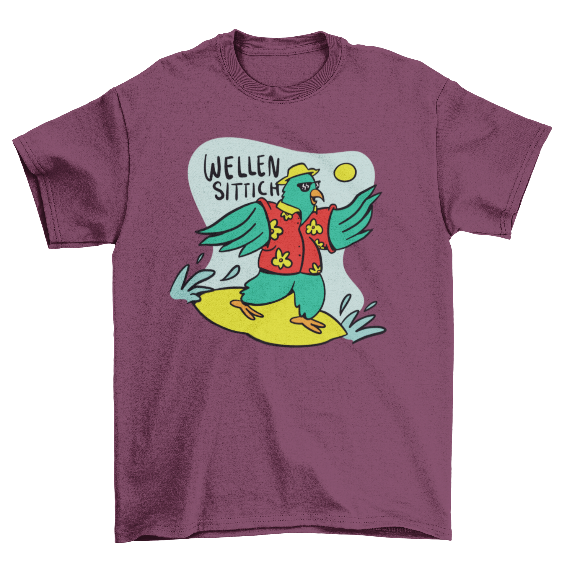 Colorful t-shirt featuring a cartoon parrot surfing with a German quote, perfect for beach lovers.