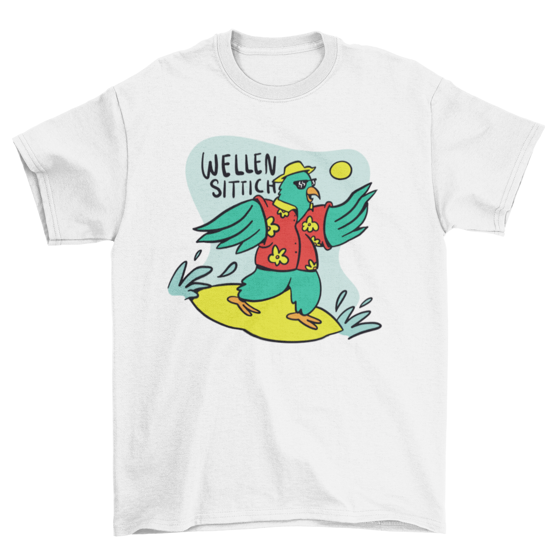 Colorful t-shirt featuring a cartoon parrot surfing with a German quote, perfect for beach lovers.